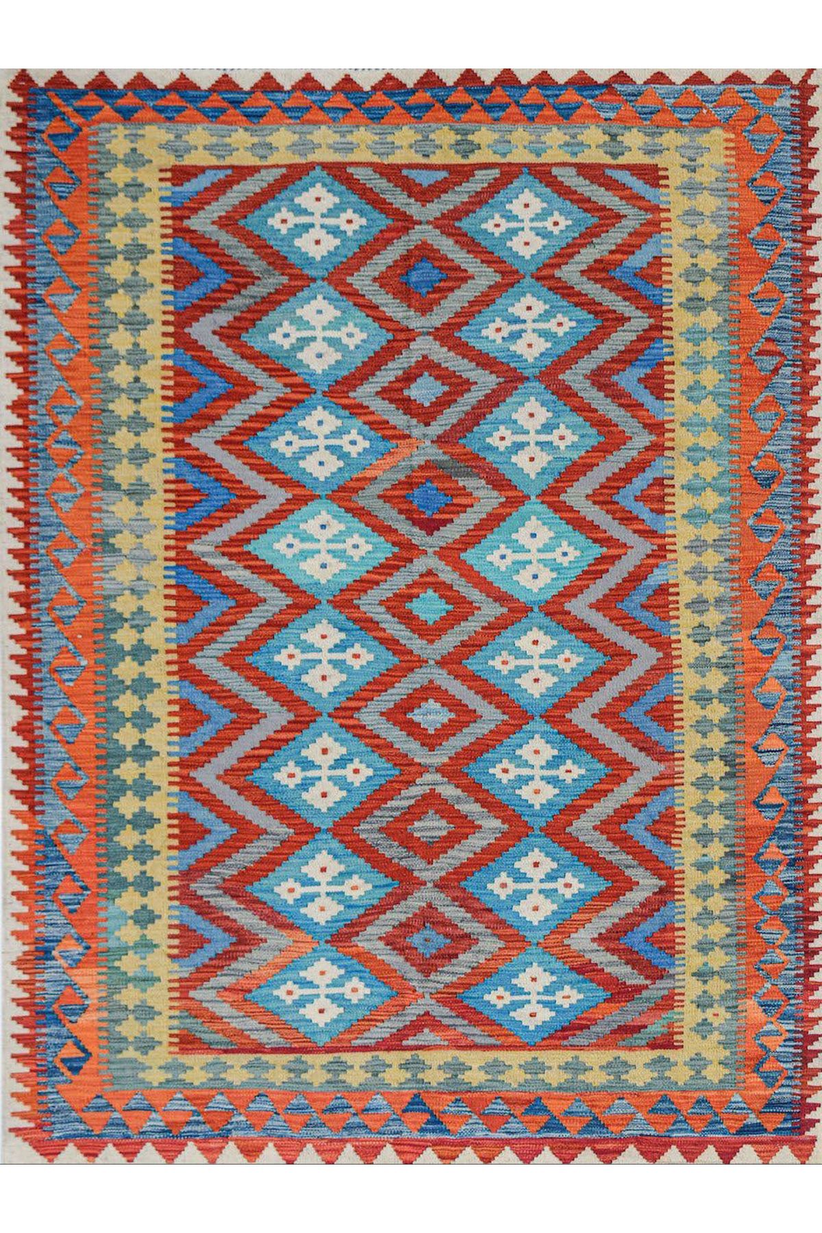 Mete Koleksiyonu Mavi ve Kırmızı Temalı Etnik Geometrik Motif Desenli Vintage Dekoratif Halı 22