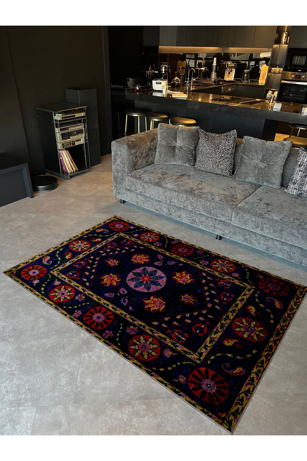 Sarı Bordür Detaylı Antik Tasarım Serisi Mor Desenli Vintage Dekoratif Halı antik48