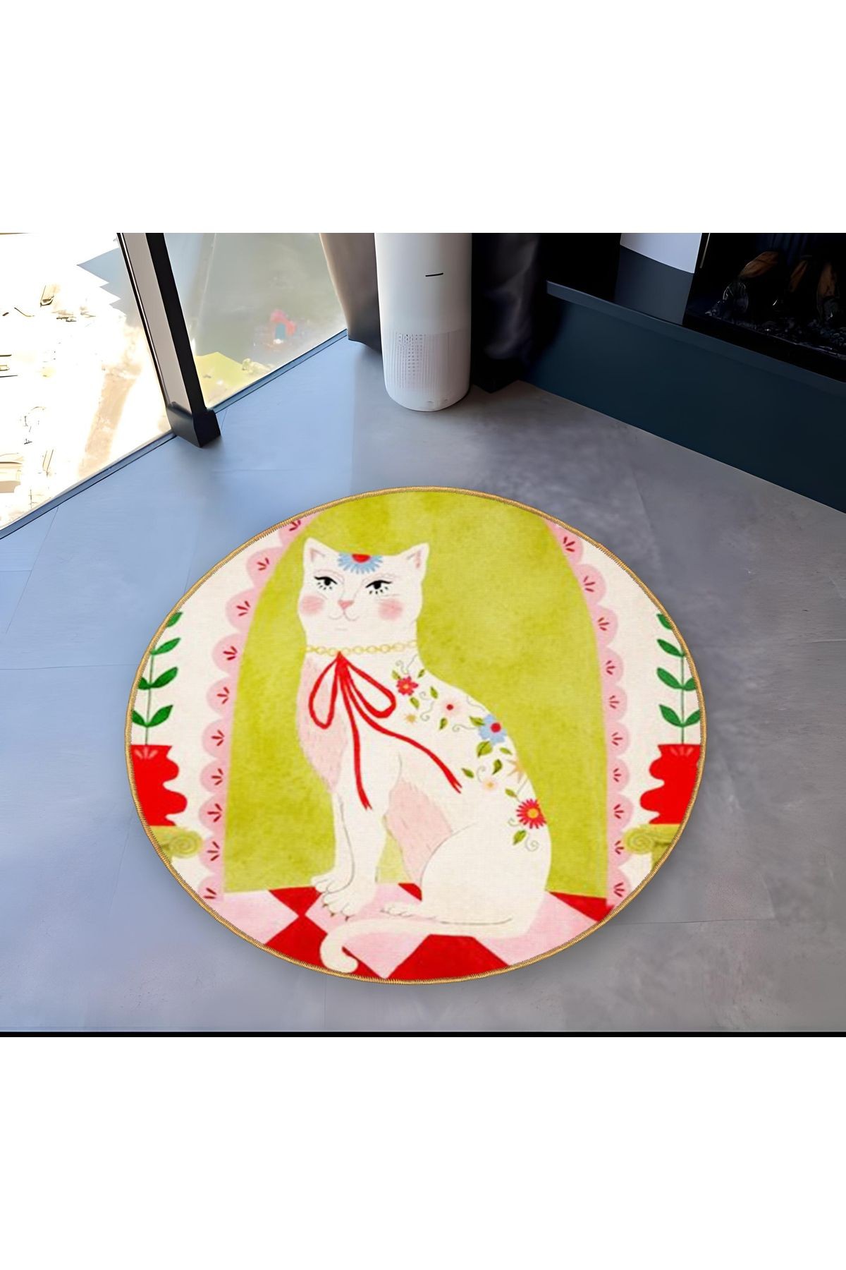 Yeşil Tema Kedi ve Çiçek Desenli Yuvarlak Dokuma Taban Modern Dekoratif Halı 6111