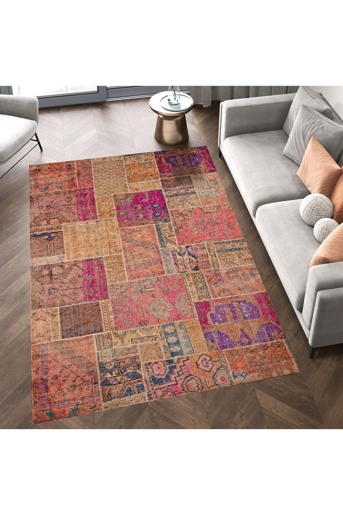 Cansu Koleksiyonu Patchwork Görünümlü Pembe Turuncu Tonlarda Dokuma Taban Dekoratif Halı cansu06