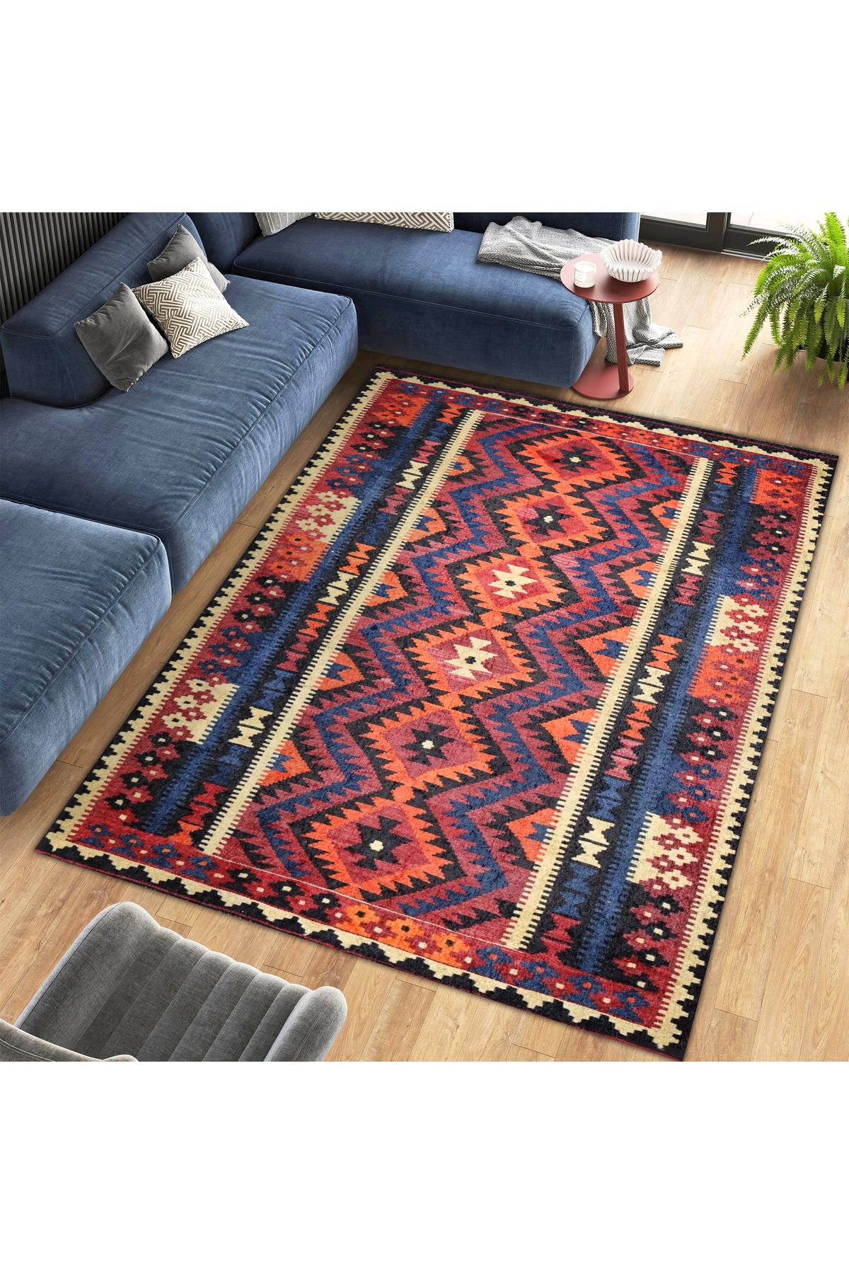 Mete Koleksiyonu Çok Renkli Geometrik Motifler ve İskandinav Desenli Vintage Dekoratif Halı 41