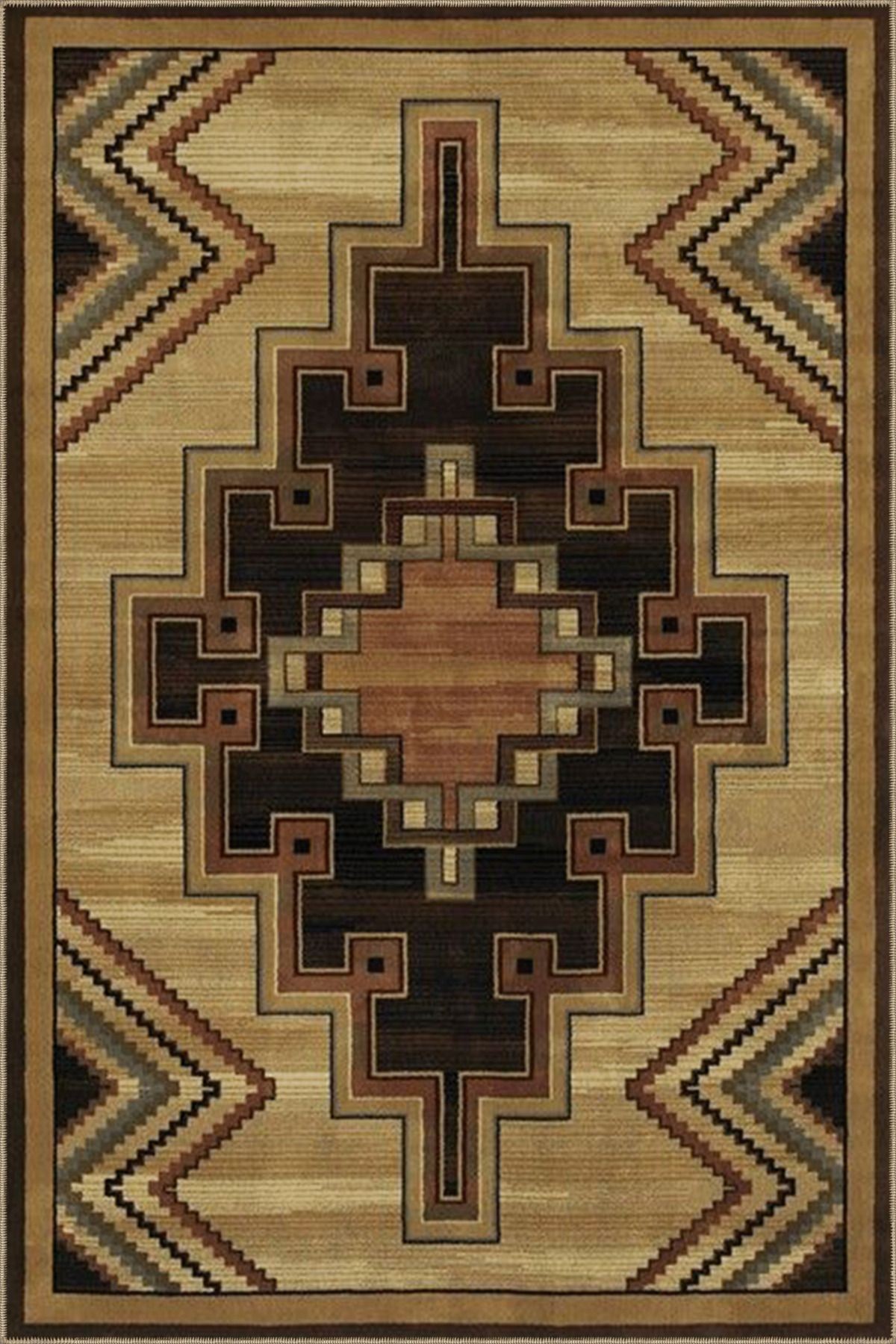 Bej Kahverengi Temalı Motifli Etnik Geometrik Desenli Vintage Dekoratif Halı 3532