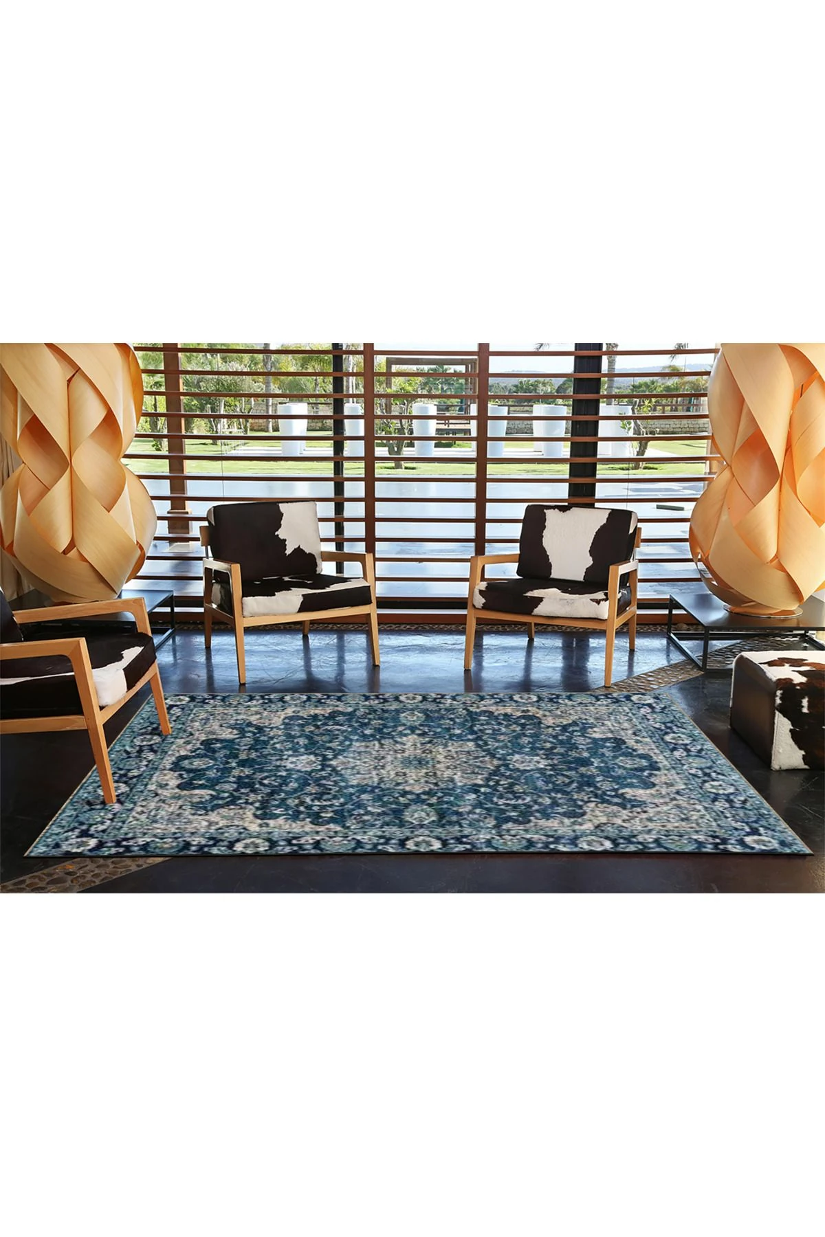 Lacivert Mavi Temalı Geleneksel Motif Çiçek Desenli Vintage Dekoratif Halı 4550