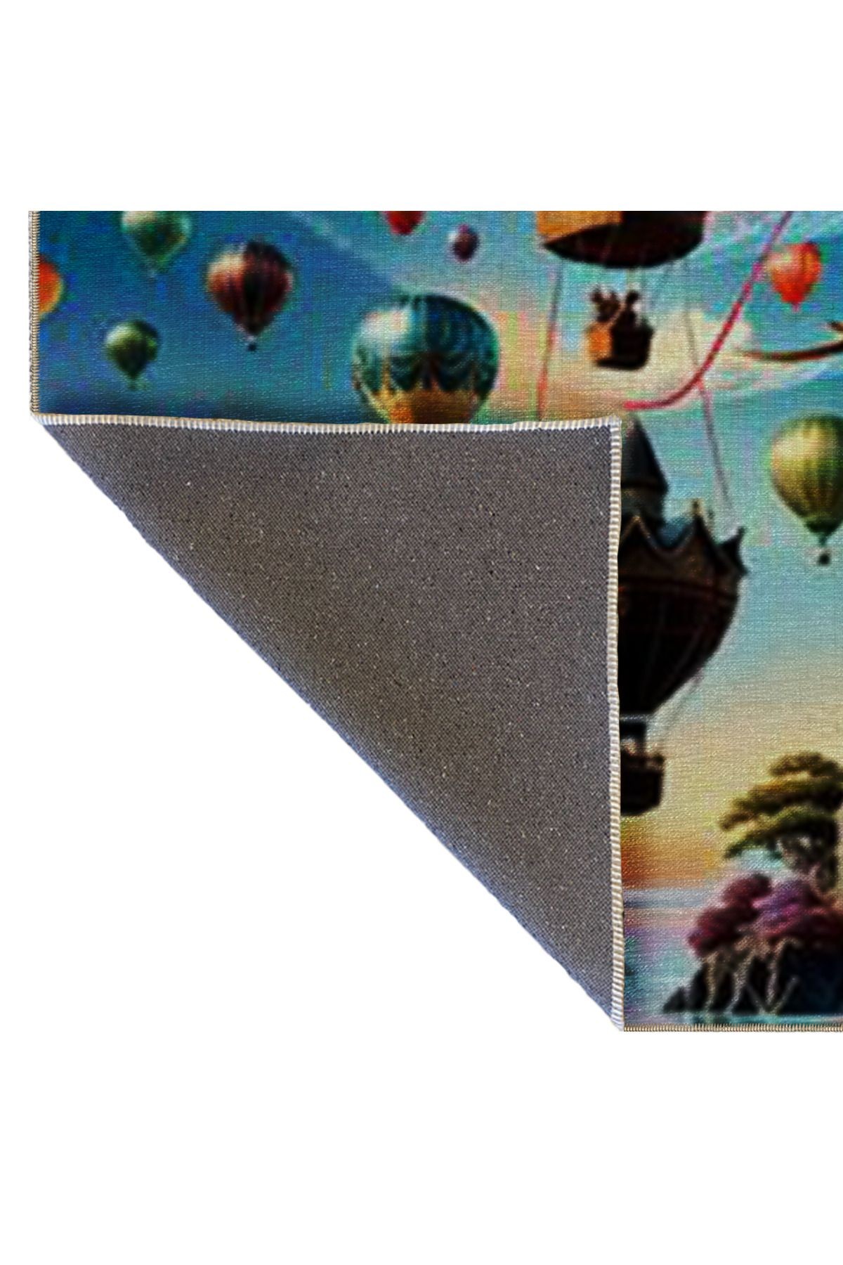 Çok Renkli Sürrealist Tasarım Uçan Hava Balonları Desenli Modern Dekoratif Halı 5406