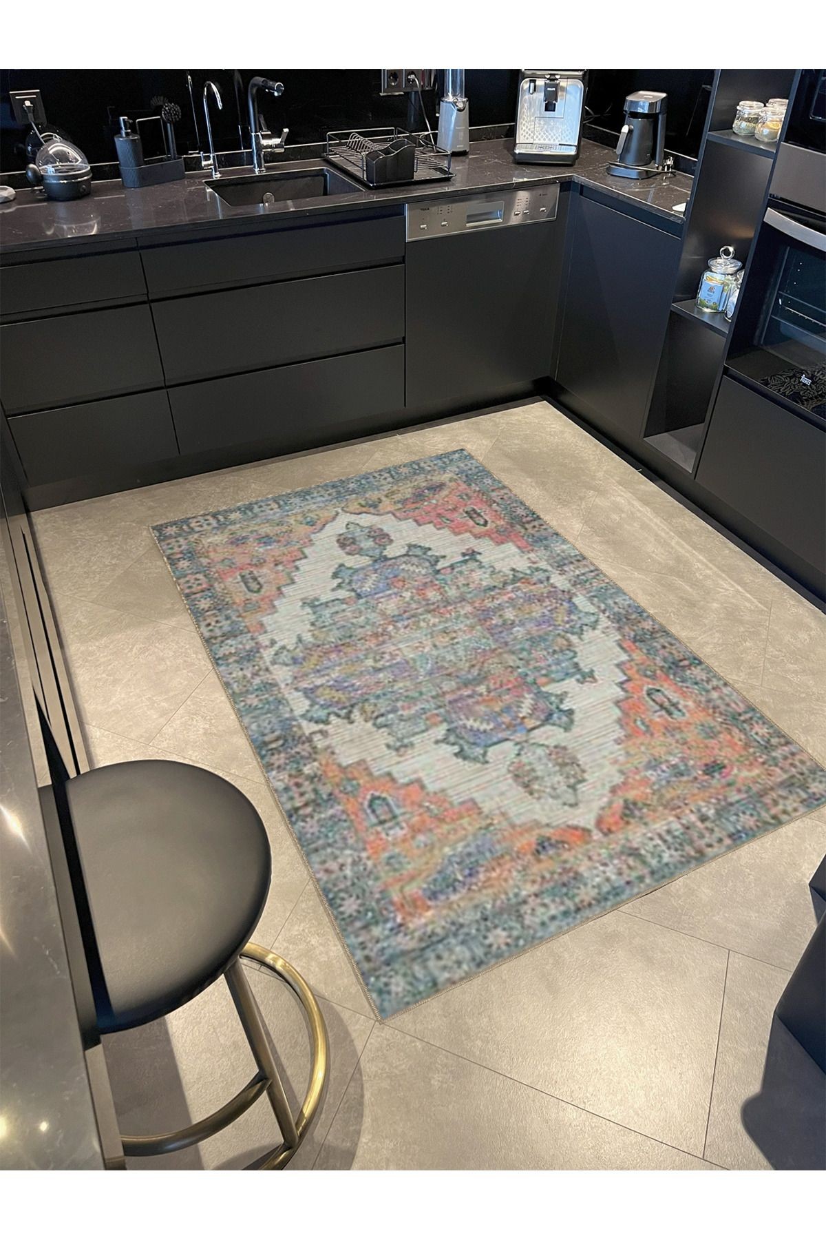 Açık Mavi ve Turuncu Temalı Geleneksel Motif Desenli Vintage Dekoratif Halı 5006