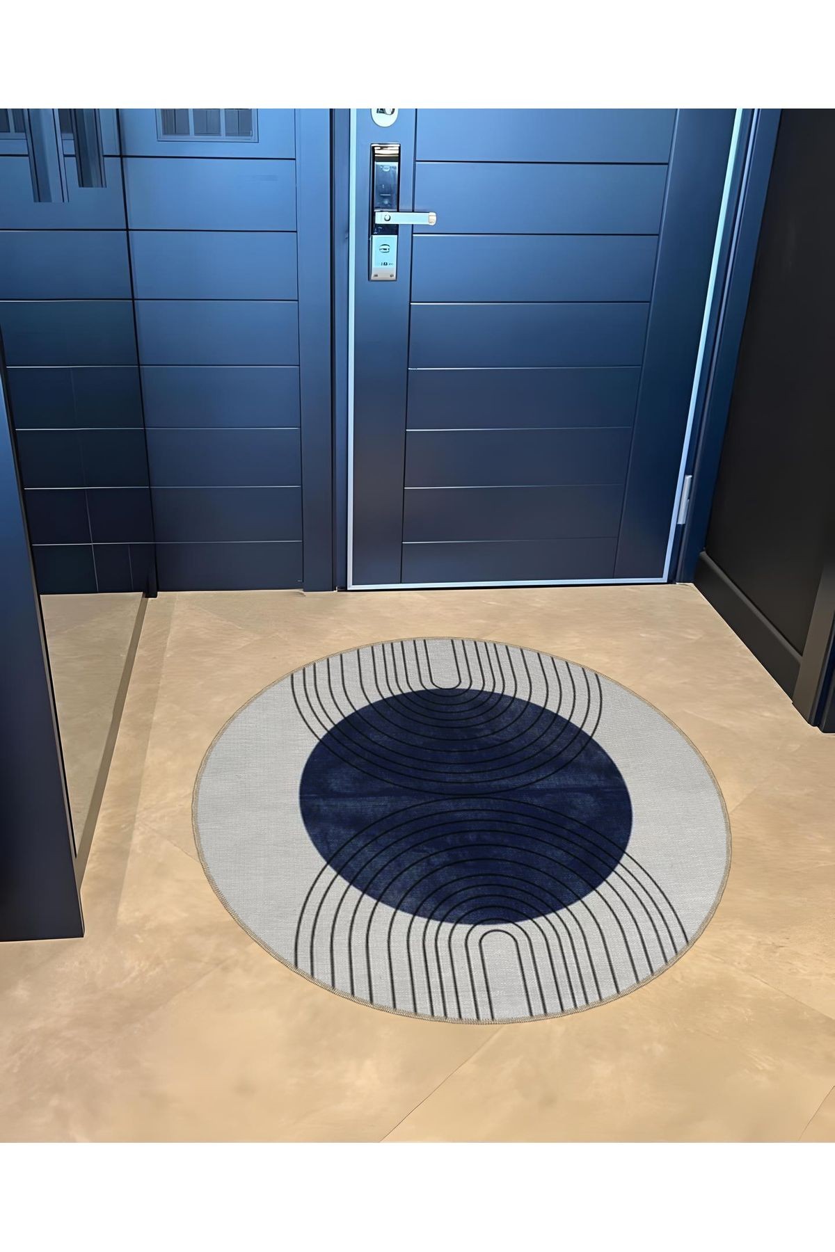 Mavi Gri Temalı Geometrik Daire ve Çizgili Desenli Yuvarlak Dokuma Taban Modern Dekoratif Halı 6026