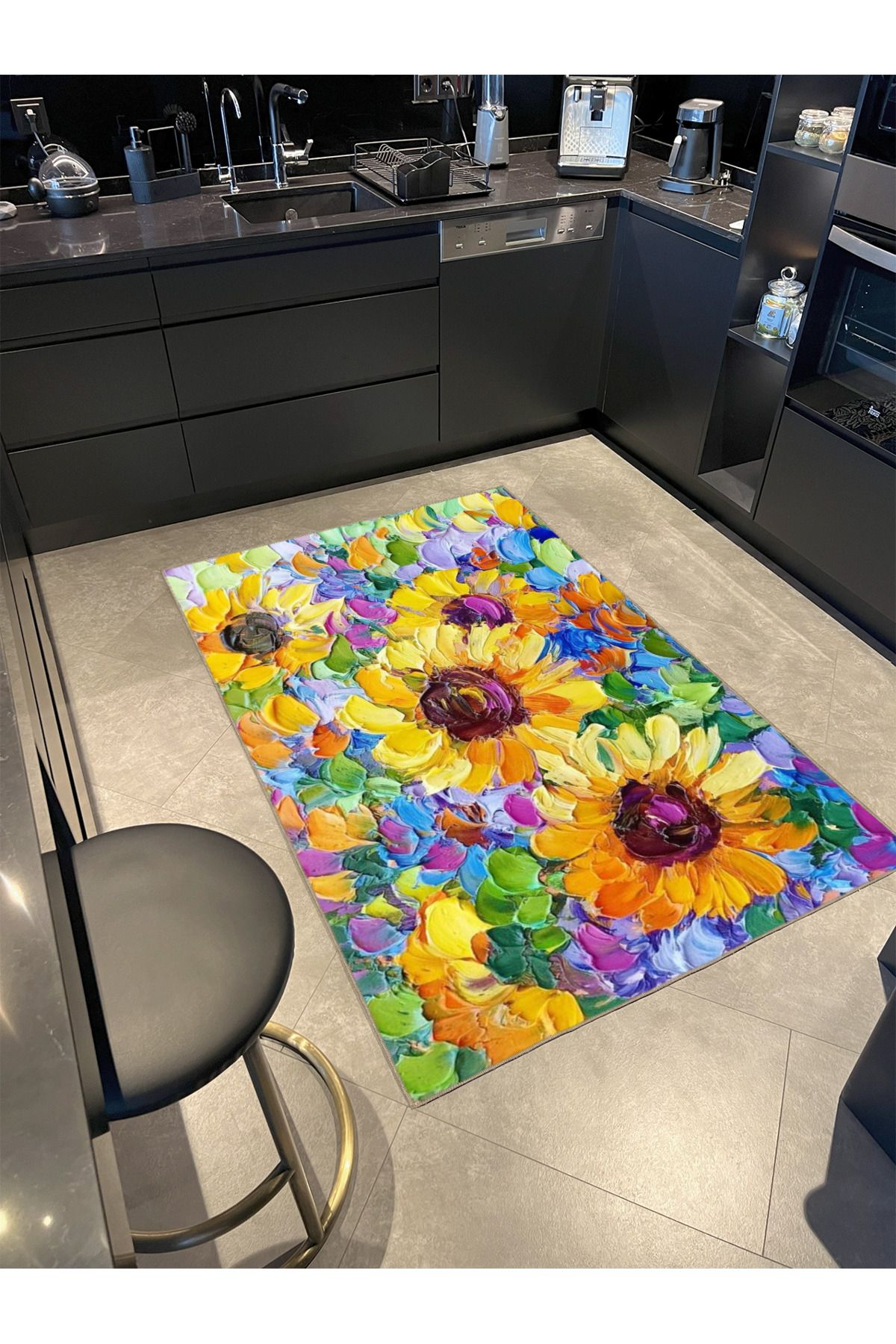 Floral Sarı Beyaz Açan Çiçekli Desenli Dekoratif ve Dokuma Taban Yıkanabilir Halı miravip8855