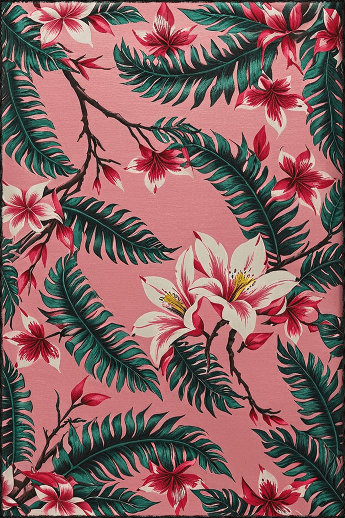 Paris Koleksiyonu Pembe Yeşil Tema Çiçek ve Yaprak Desenli Modern Dekoratif Halı 48