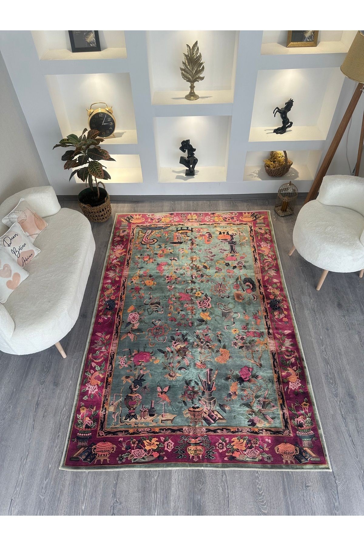 Mavi Pembe Temalı Floral Çiçek Desenli Vintage Dekoratif Halı 4844