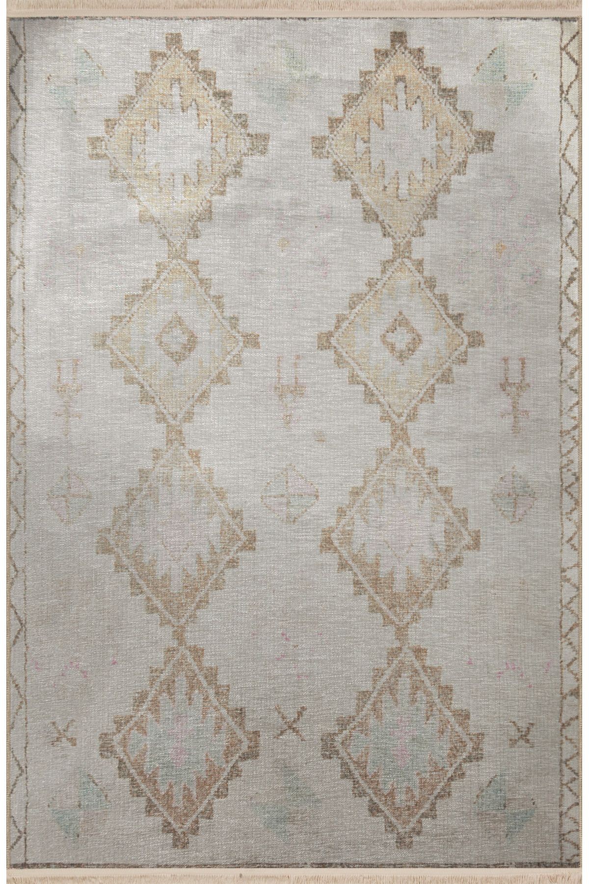Bej Gri Temalı Geleneksel Motif Desenli Kreatif Vintage Dekoratif Halı 2828
