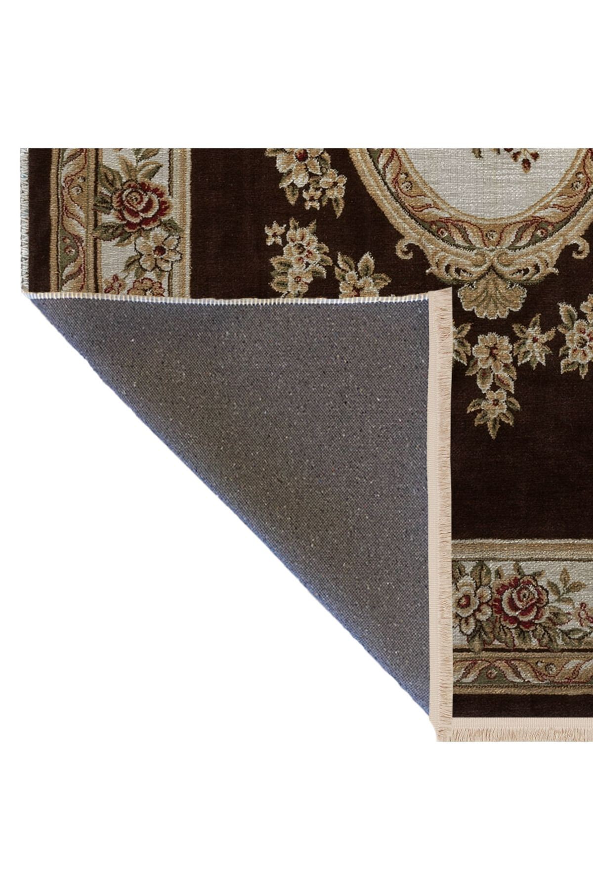 Bej Kahve Temalı Geleneksel Motif Çiçek Desenli Saçaklı Vintage Dekoratif Halı 3068