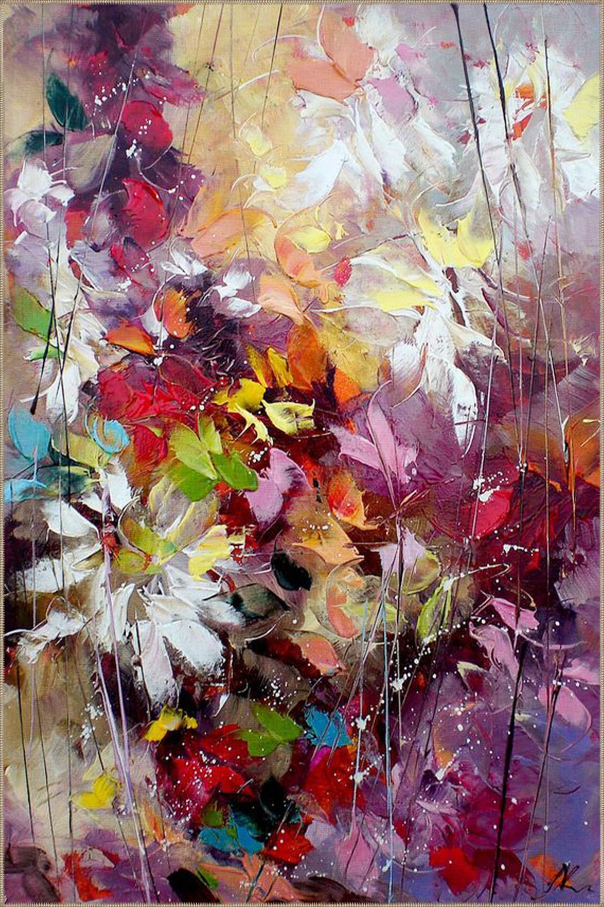 Mor Temalı Çiçekli Modern Desenli Dekoratif ve Dokuma Taban Yıkanabilir Halı miravip8816