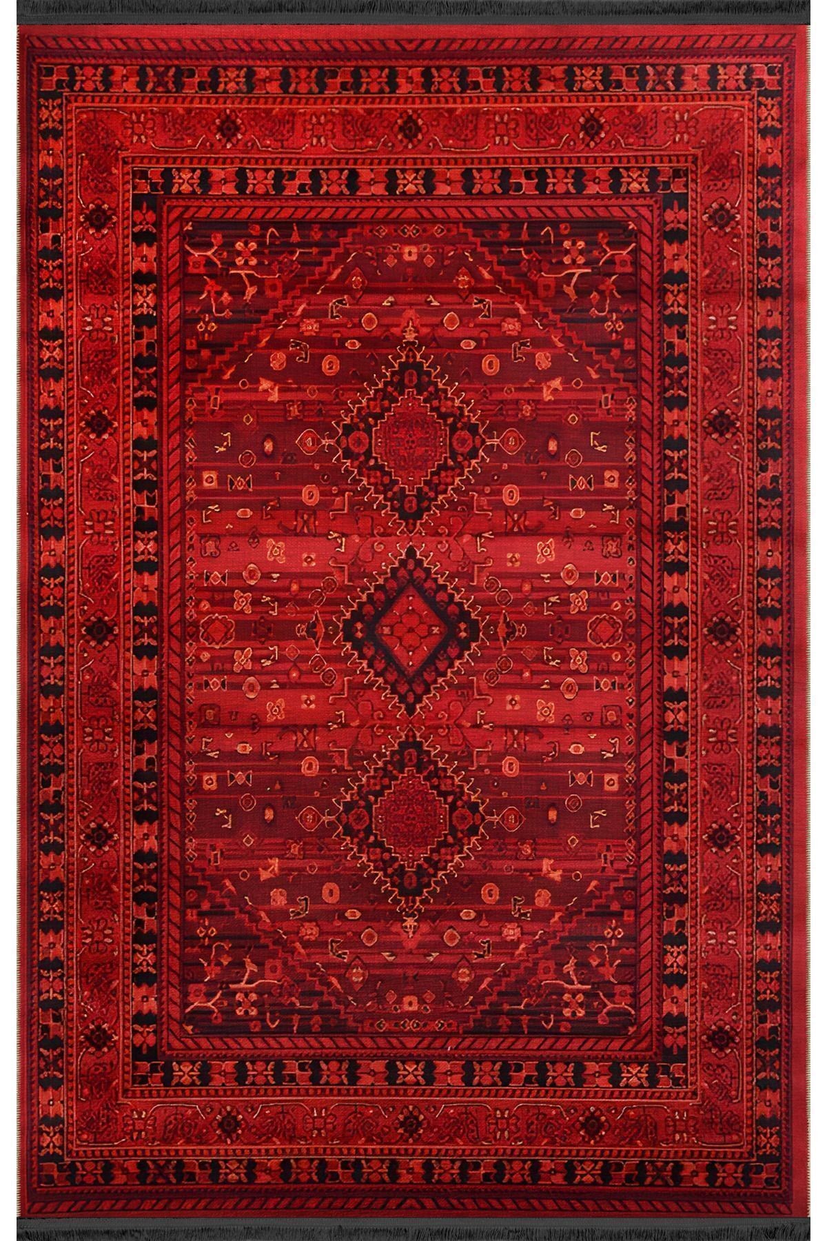 Kırmızı Temalı Geleneksel Motif Etnik Desenli Vintage Dekoratif Halı 1925