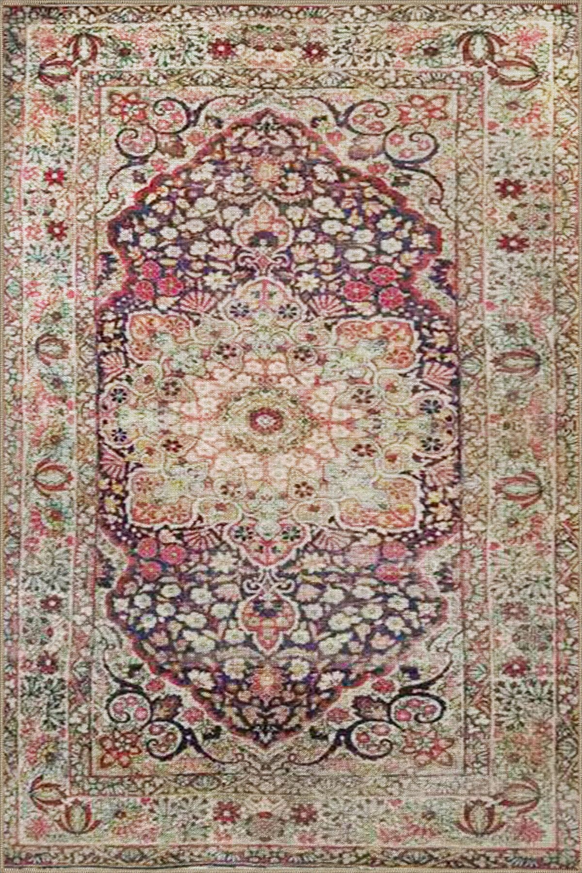 Çok Renkli Geleneksel Motif Etnik Çiçek Desenli Vintage Dekoratif Halı 3314