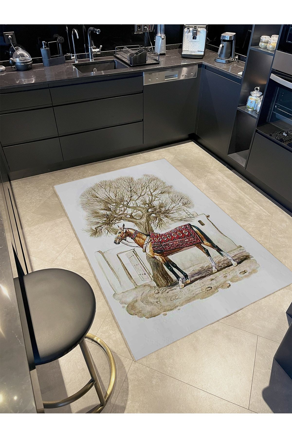 Seda Koleksiyonu Ağaç ve At Desenli Dokuma Taban Modern Dekoratif Halı seda33