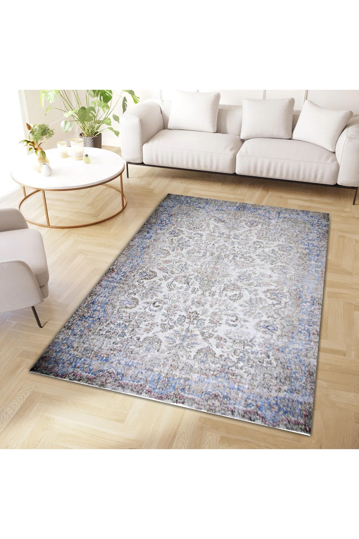 Asena Koleksiyonu Gri Mavi Temalı Geleneksel Motif ve Çiçek Desenli Vintage Dekoratif Halı 07