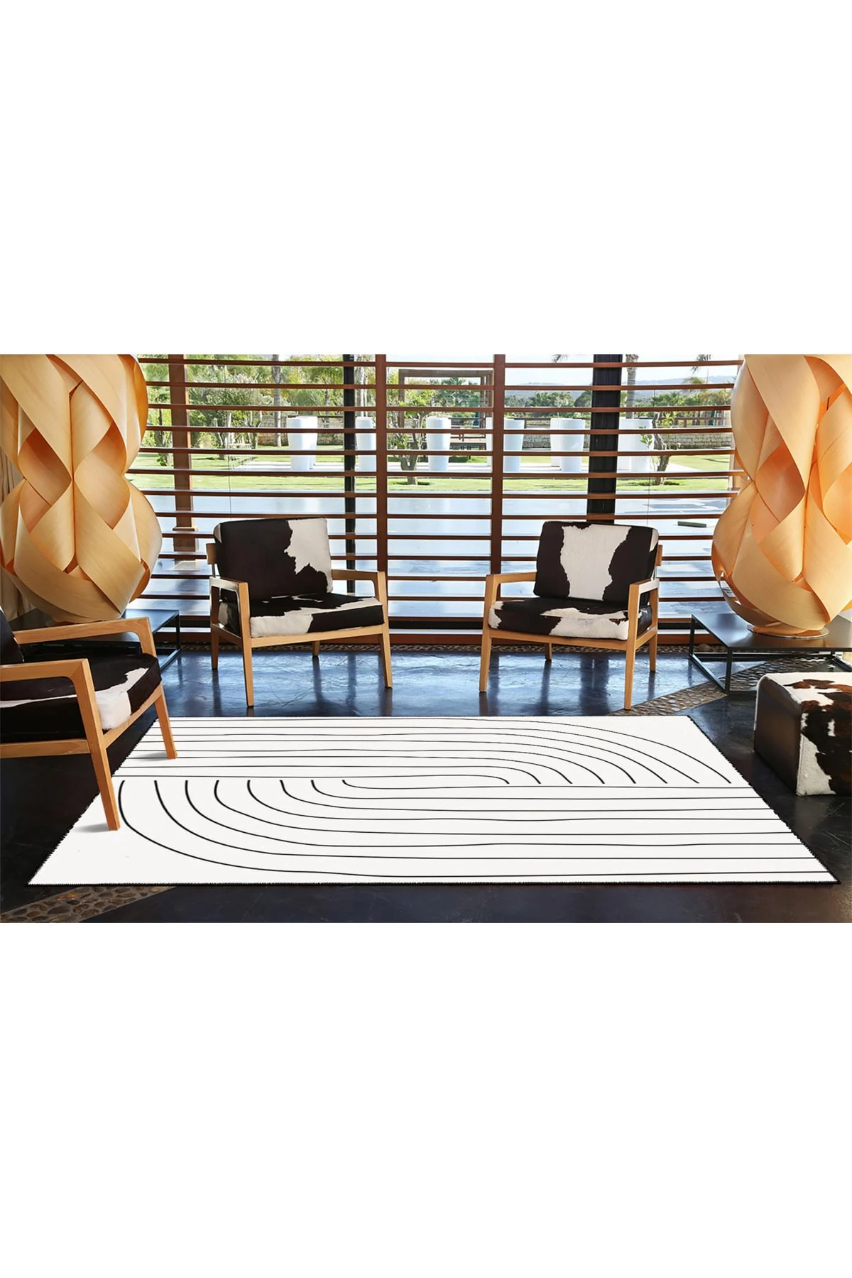Siyah Beyaz Çizgili Desenli Dokuma Taban ve Yıkanabilir Halı miravip9357