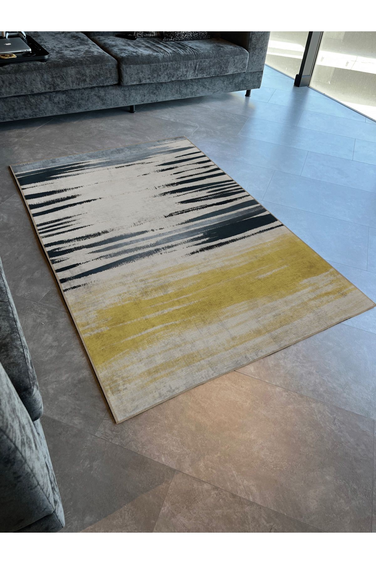 SDNEY Sarı Mavi Ton Şerit Dalga Desenli Kreatif Modern Dekoratif Halı 2210