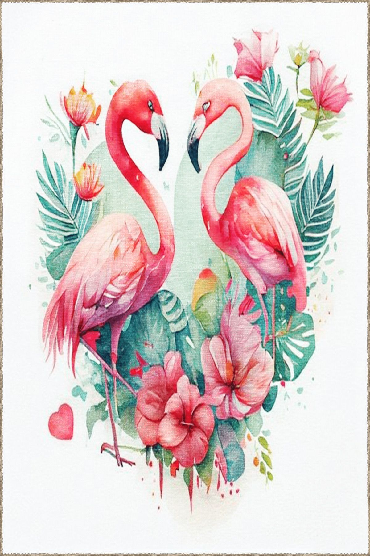 Pembe Bej Temalı Çiçek ve Flamingo Desenli Kreatif Modern Dekoratif Halı 3640