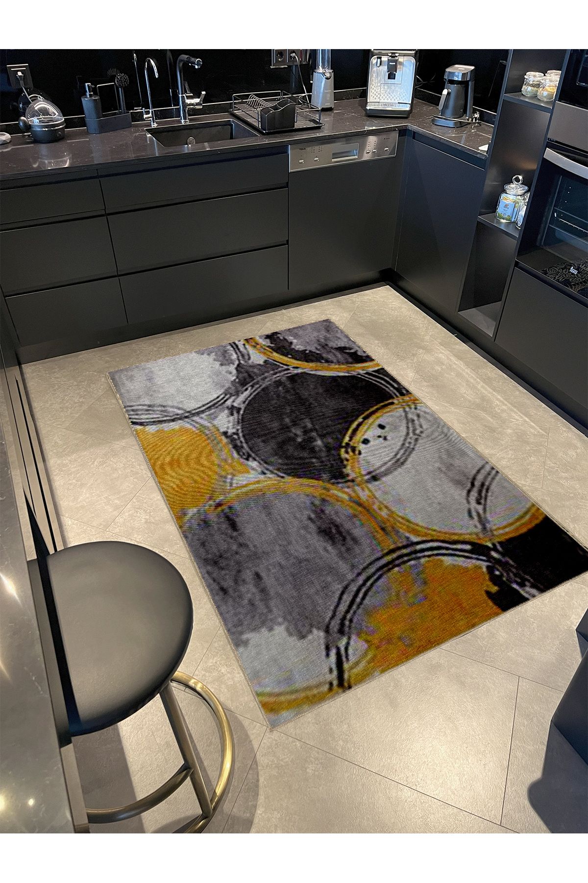 Gri Sarı Temalı Geometrik Daire Halka Desenli Modern Dekoratif Halı 5303