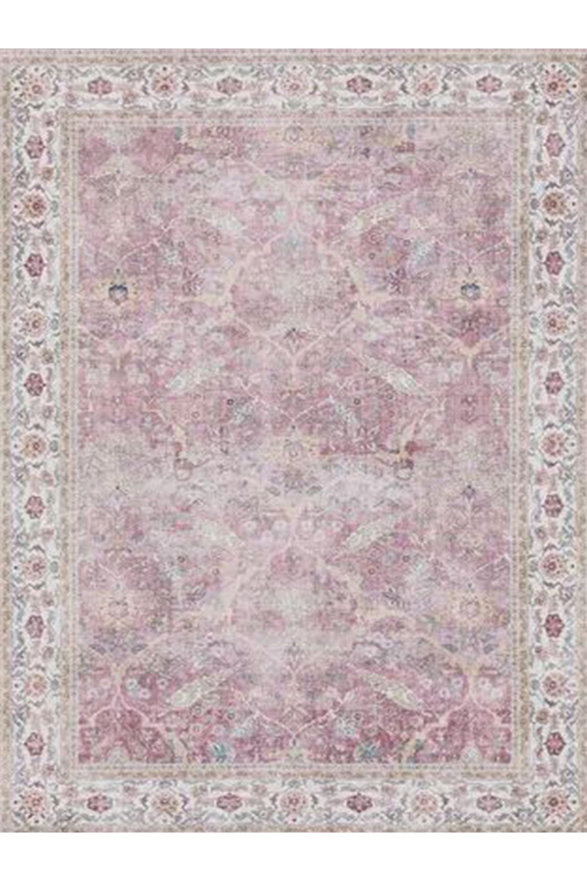 Kemal Koleksiyonu Pembe Temalı Floral ve Etnik Desenli Dokuma Taban Vintage Dekoratif Halı 03