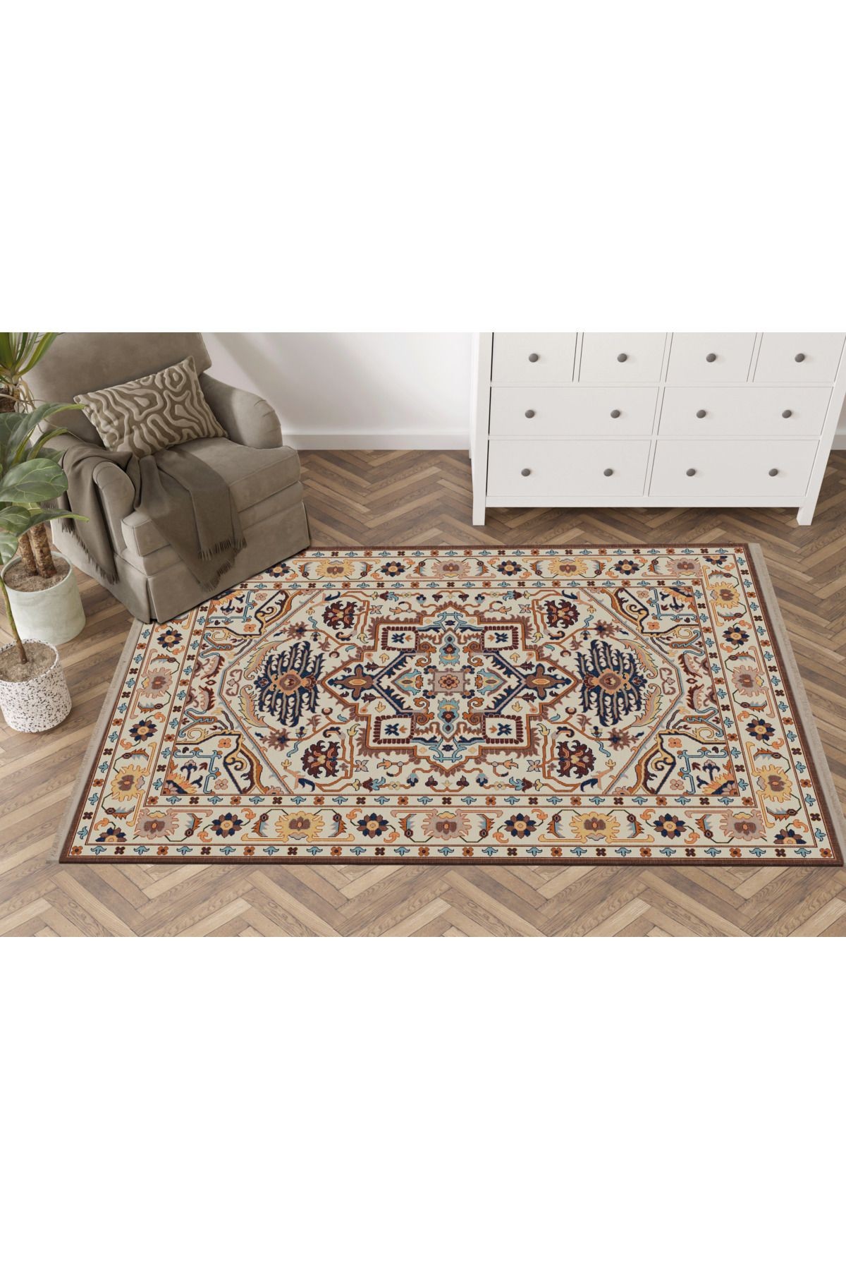 Mira Açık Ton Çok Renkli Geleneksel Motif Etnik Desenli Vintage Dekoratif Halı Mira 1589