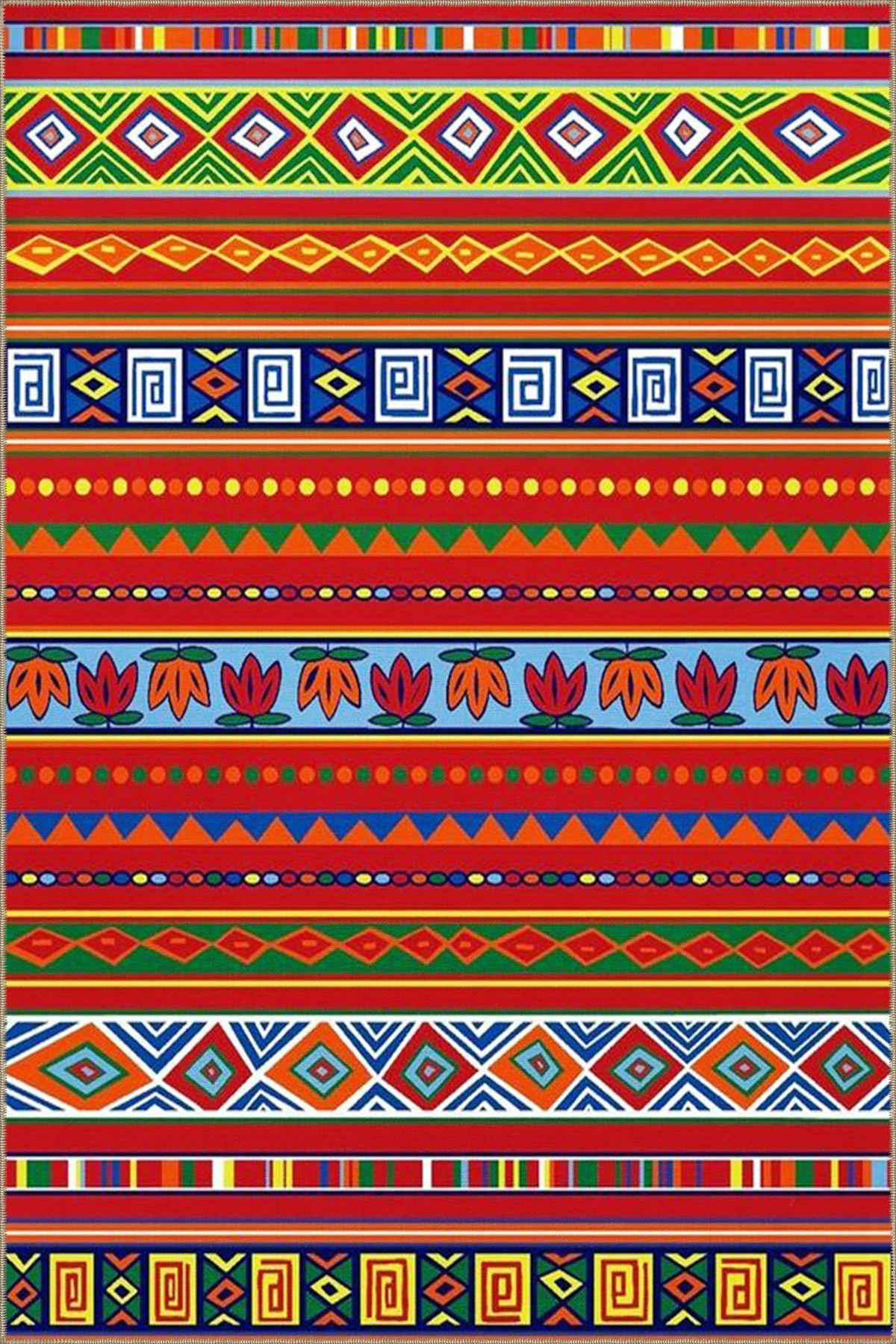 Kırmızı Temalı Çok Renkli Motifli Etnik Figür Desenli Vintage Dekoratif Halı 4636