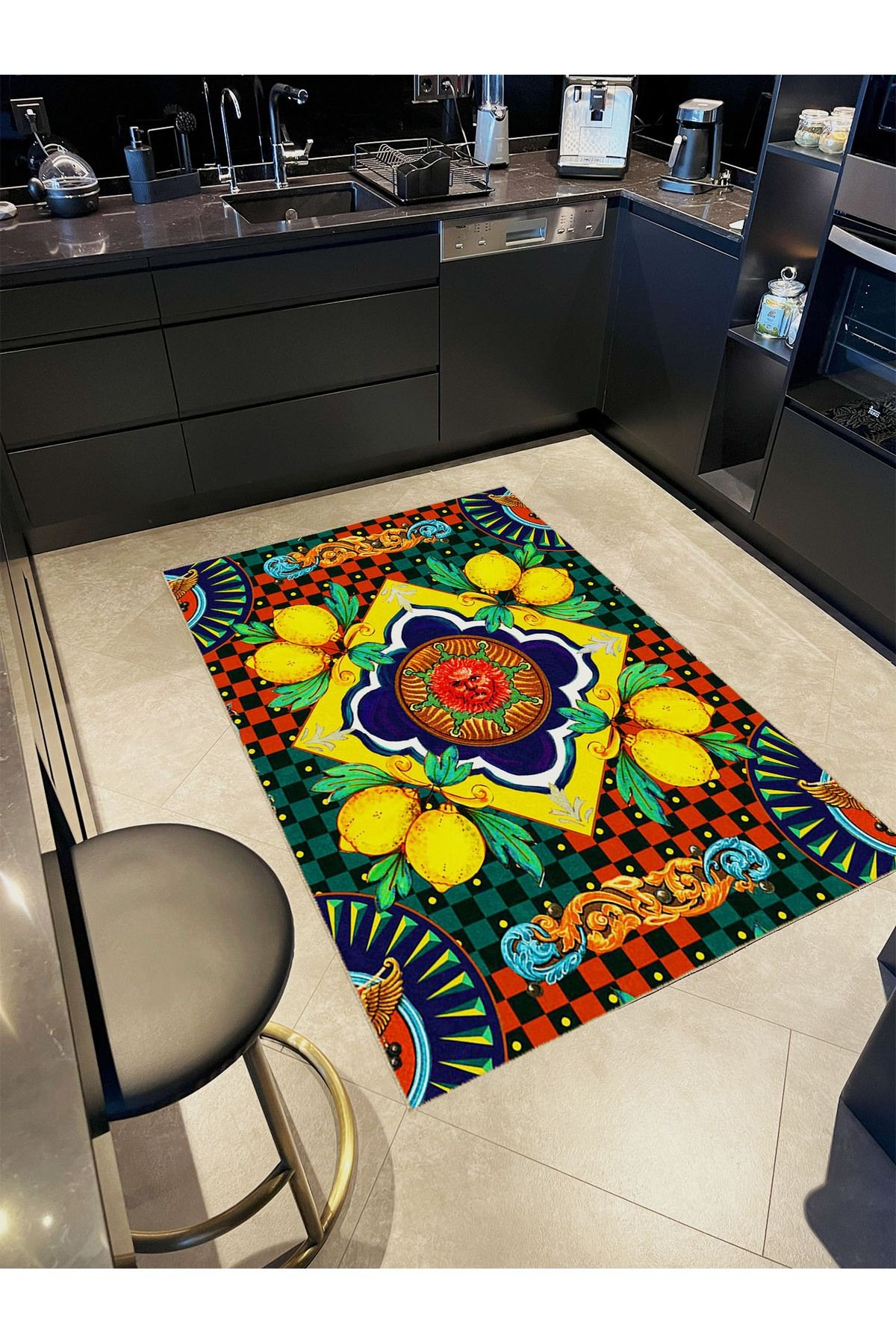 Güneş Koleksiyonu Çok Renkli Limon Detaylı Desenli Dokuma Taban Modern Dekoratif Halı güneş28