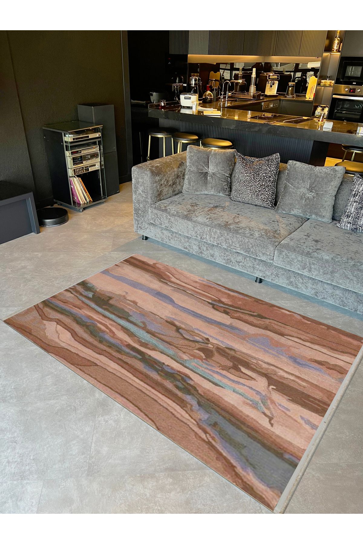 Kahverengi Tonlarda Soyut Desenli Dokuma Taban Dekoratif Halı Lina33