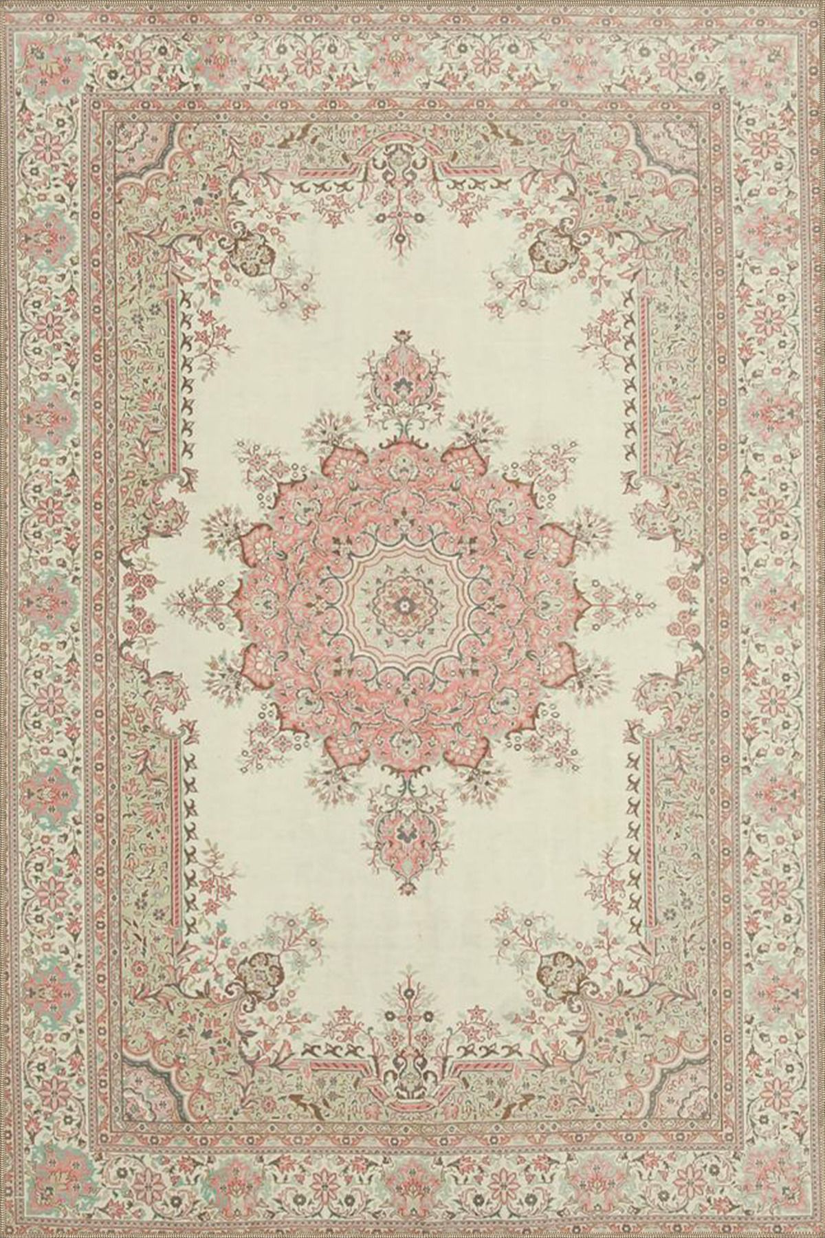 Krem Geleneksel Desenli Dokuma Taban Halı ve Yıkanabilir Halı aloha131