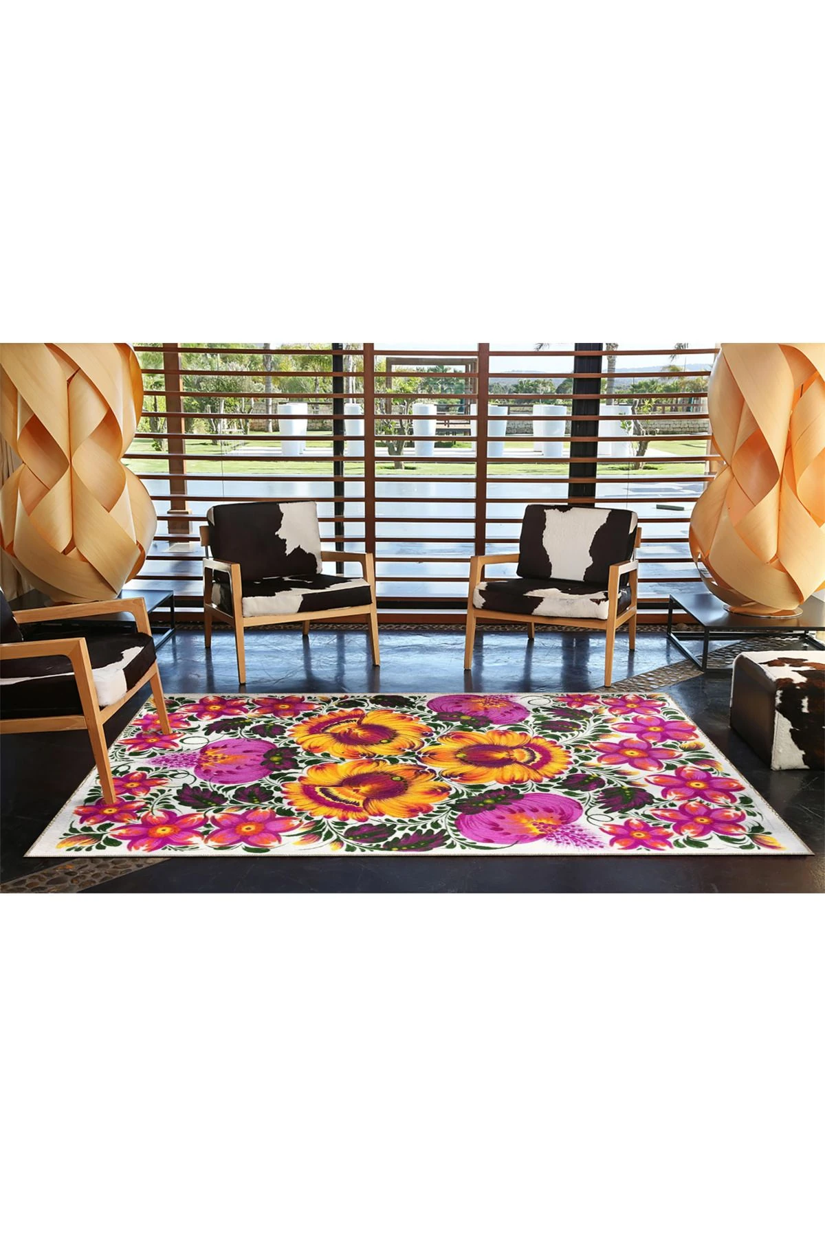 Mor ve Karışık Renkli Çiçekli Floral Geometrik Modern Dekoratif Halı miravip173