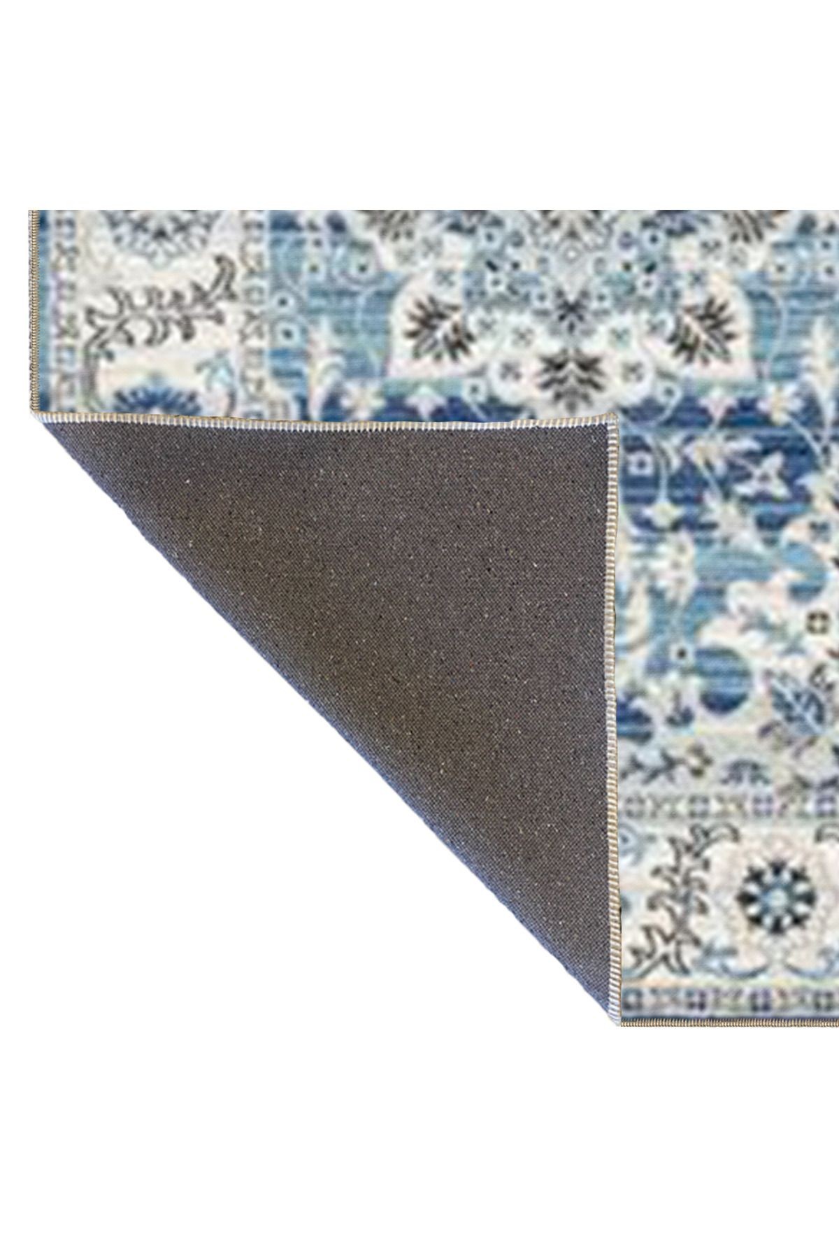 Gri Mavi Temalı Geleneksel Motif Çiçek Desenli Vintage Dekoratif Halı 4545