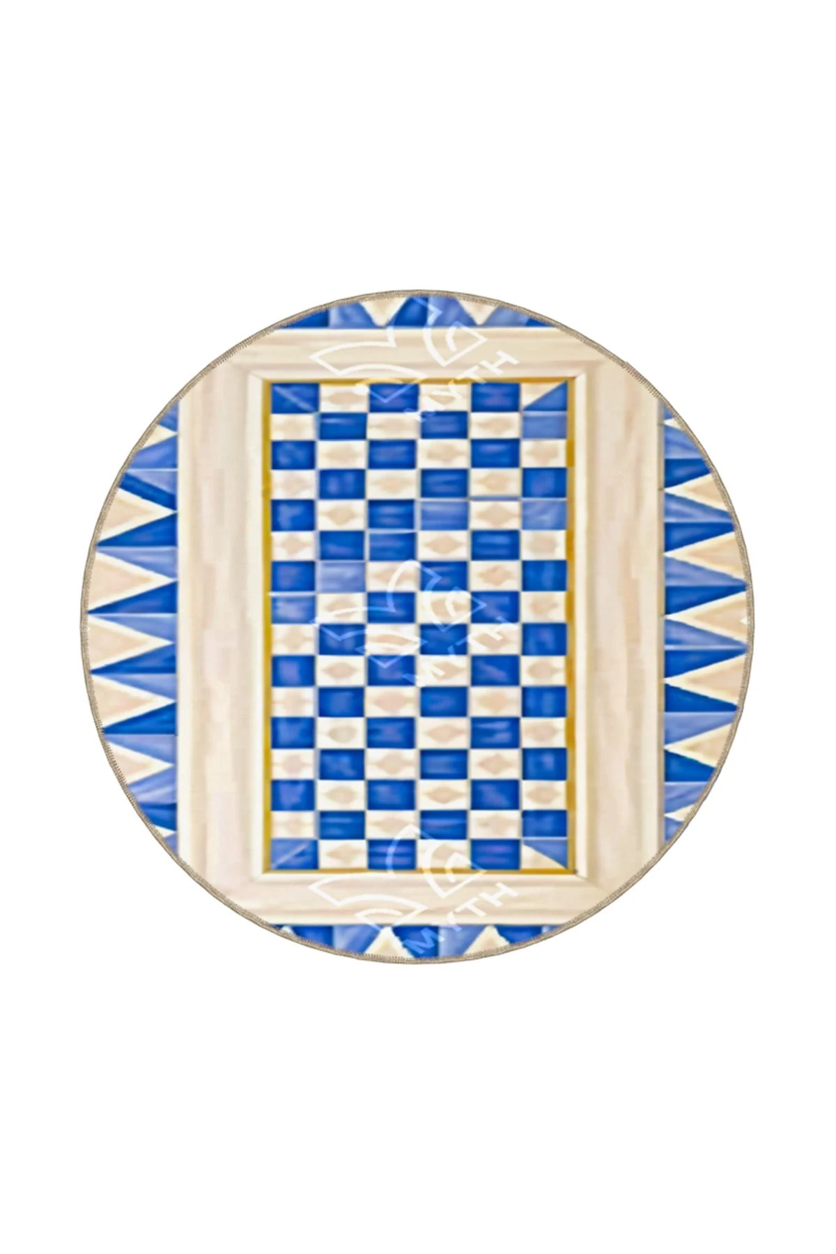 Mavi Krem Geometrik Kareli Temalı Dokuma Taban ve Yıkanabilir Halı MYTH8