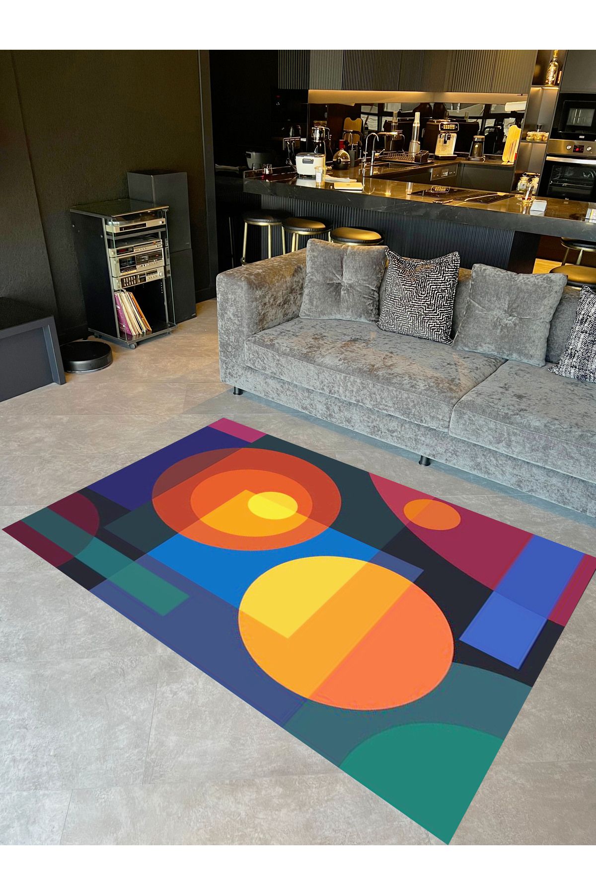 Güneş Koleksiyonu Çok Renkli Geometrik Şekiller Desenli Dokuma Taban Modern Dekoratif Halı güneş03