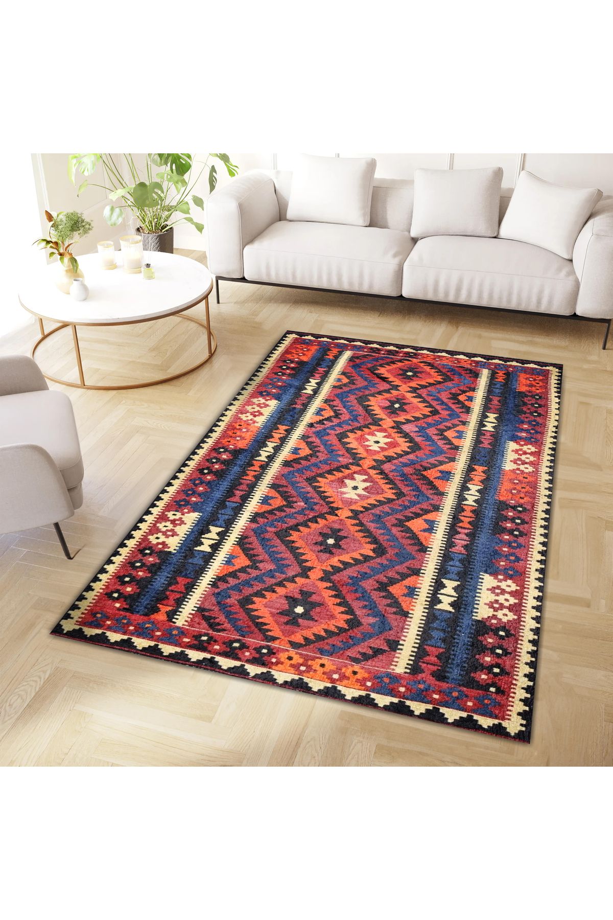 Mete Koleksiyonu Çok Renkli Geometrik Motifler ve İskandinav Desenli Vintage Dekoratif Halı 41