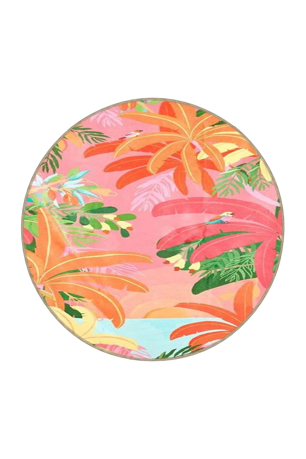 Pembe Renk Temalı Palmiye ve Deniz Desenli Halı 3727