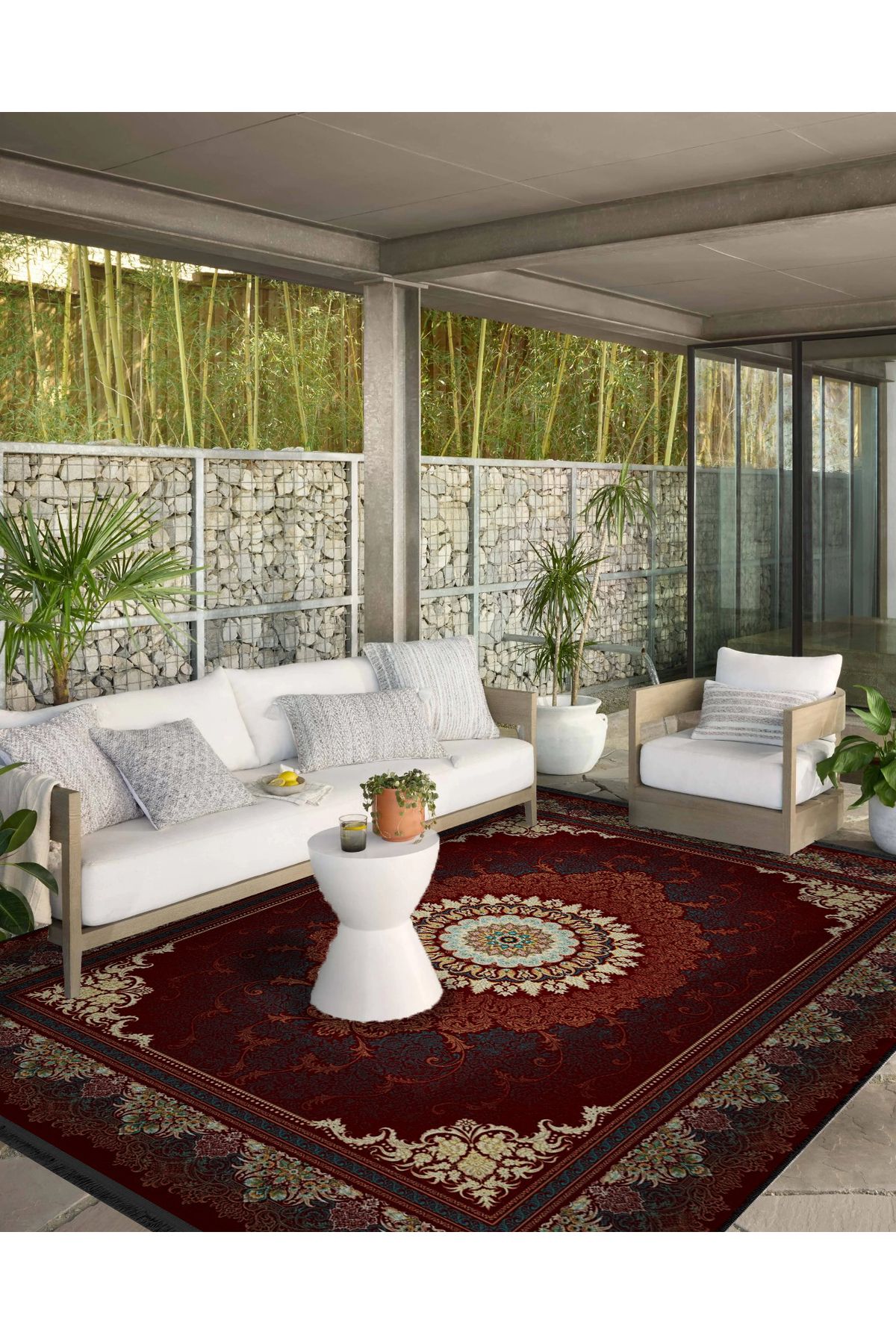 Bordo Bordür Detaylı Bordo Bej Desenli Antik Tasarım Serisi Dekoratif Halı antik151