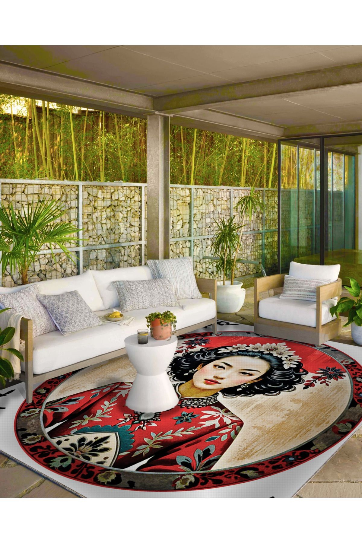 Modern Kırmızı Daire İçinde Kadın Dekoratif Halı ve Yıkanabilir Halı miravip9605
