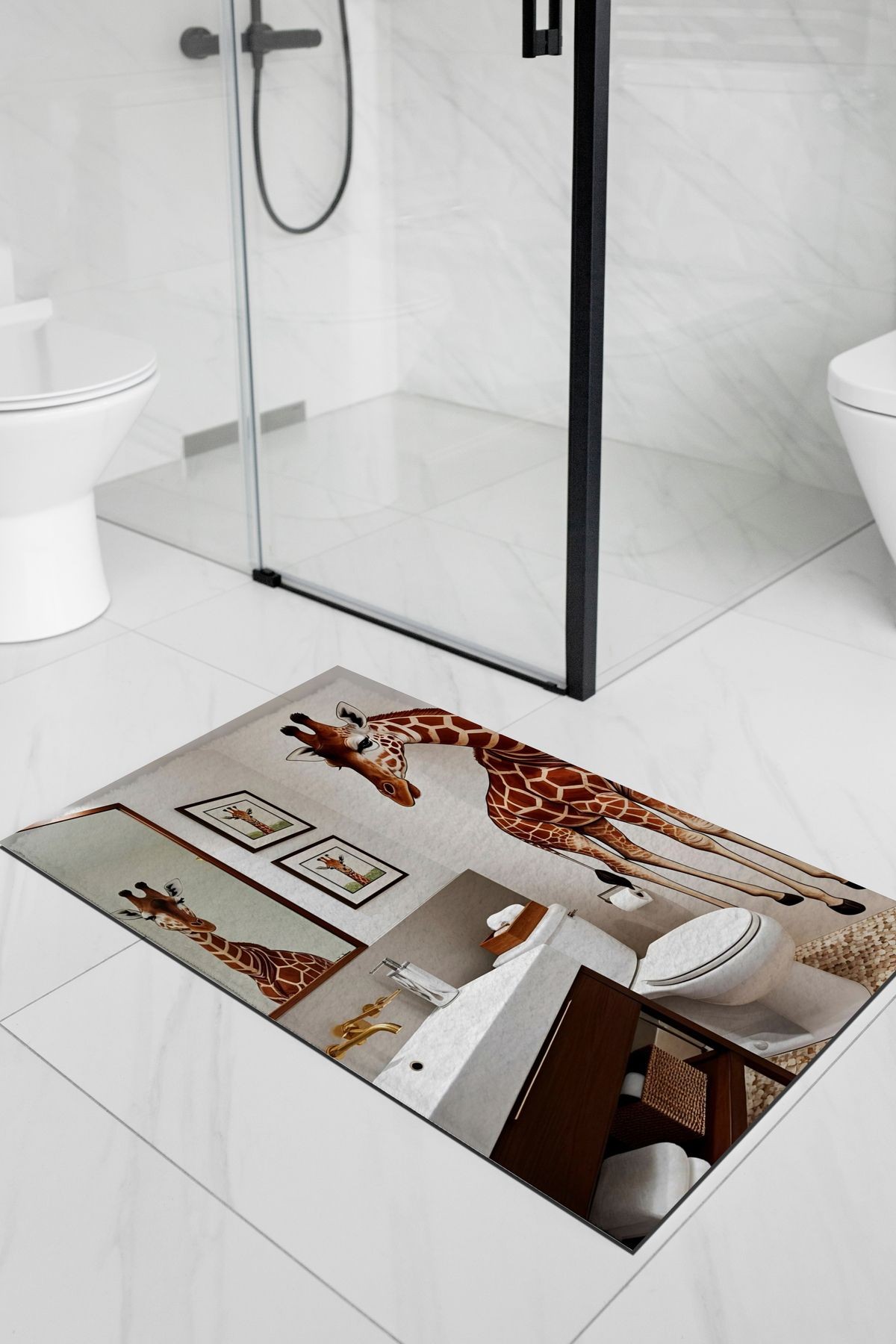 Kemal Koleksiyonu Banyo Aynasındaki Zürafa Desenli Dokuma Taban Modern Dekoratif Halı 57