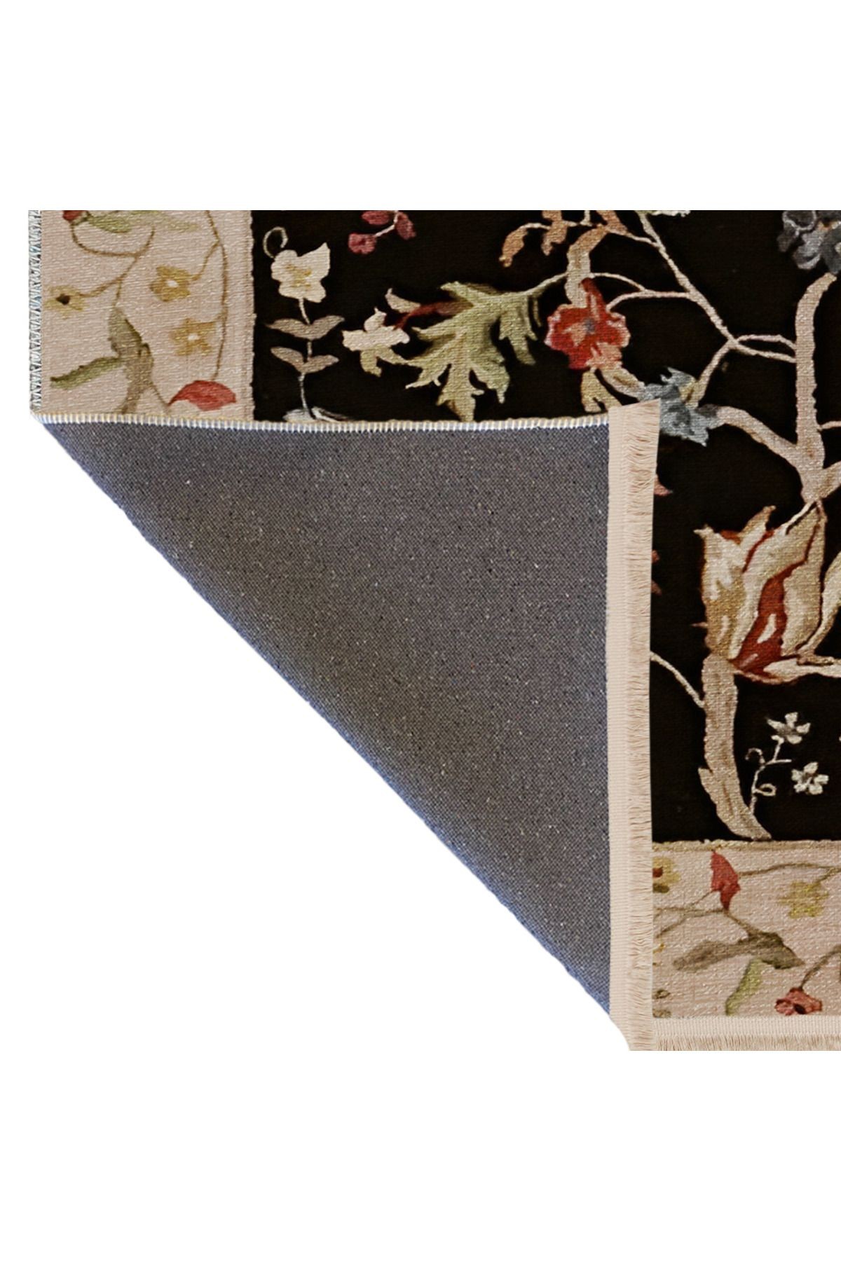 Siyah Temalı Çok Renkli Sarmaşık Çiçek Desenli Modern Dekoratif Halı 1900