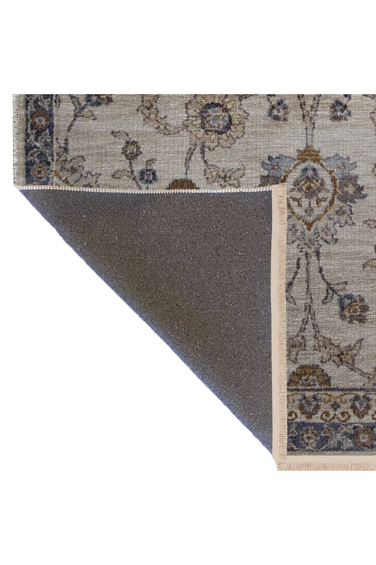 Bej Gri Temalı Geleneksel Motif Çiçek Desenli Saçaklı Vintage Dekoratif Halı 3096