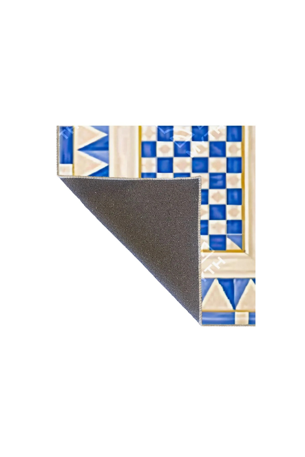 Mavi Krem Geometrik Kareli Temalı Dokuma Taban ve Yıkanabilir Halı MYTH8