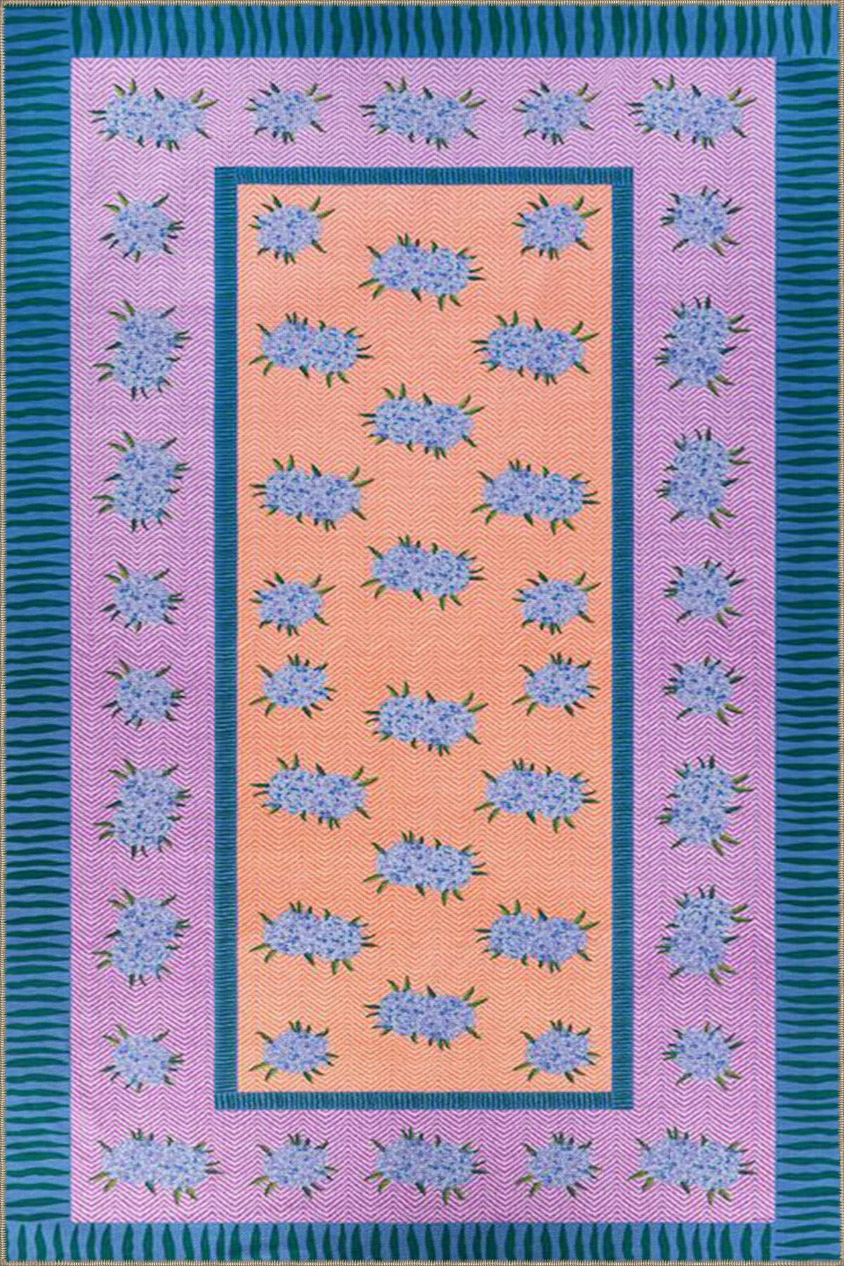 Mor Yaprak İşlemeli Yıkanabilir Dokuma Taban Halı miravip1064