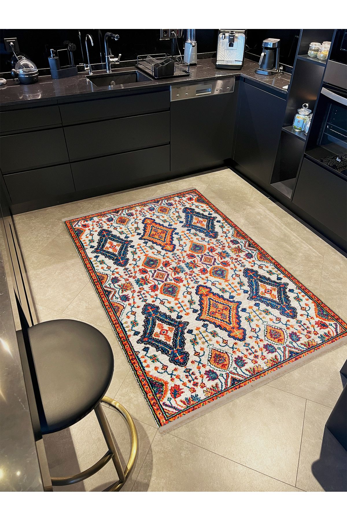 Asya Koleksiyonu Turuncu Lacivert Etnik Desenli Dokuma Taban Modern Dekoratif Halı asya31