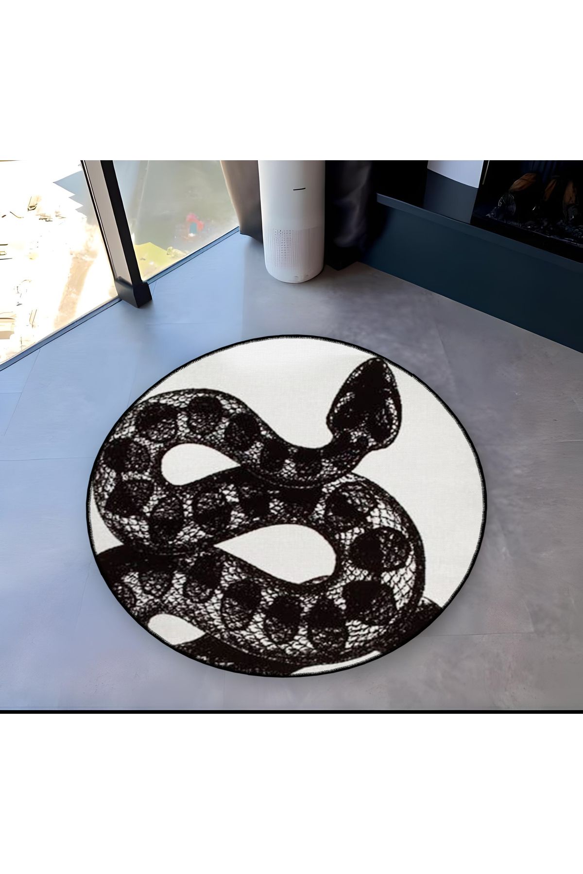 Mira Yuvarlak Beyaz Siyah Yılan Detaylı Dokuma Taban Modern Dekoratif Halı 5581
