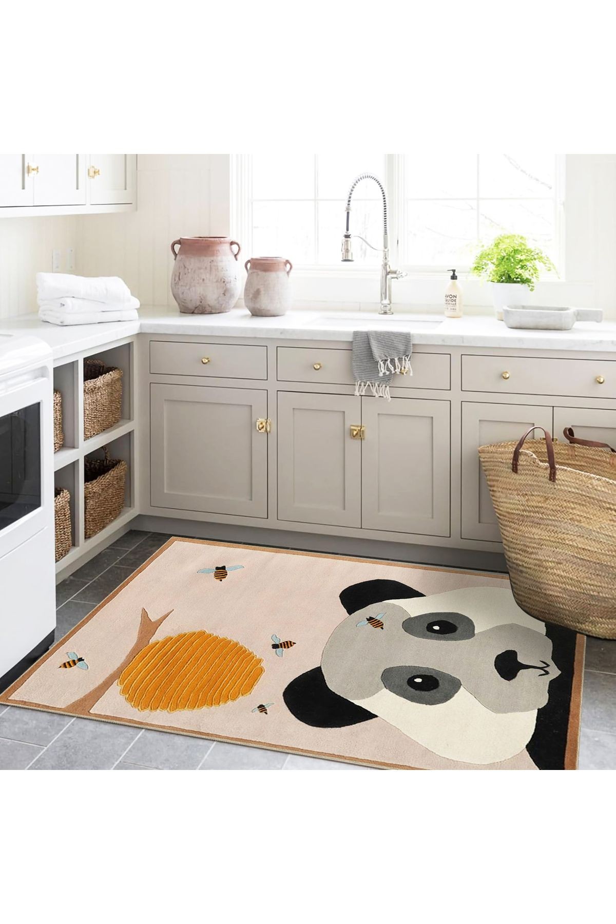 Seda Koleksiyonu Sevimli Panda ve Arılar Desenli Dokuma Taban Modern Dekoratif Halı seda44