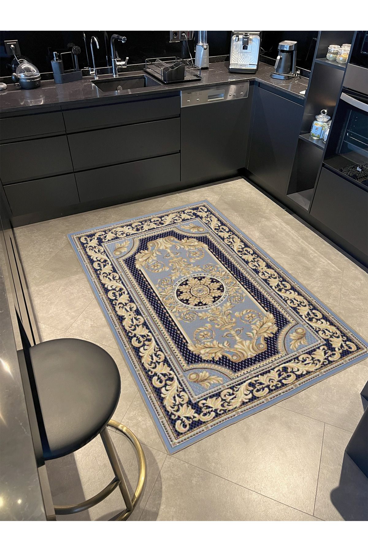 Mor ve Karışık Renkli Çiçekli Floral Geometrik Modern Dekoratif Halı miravip193