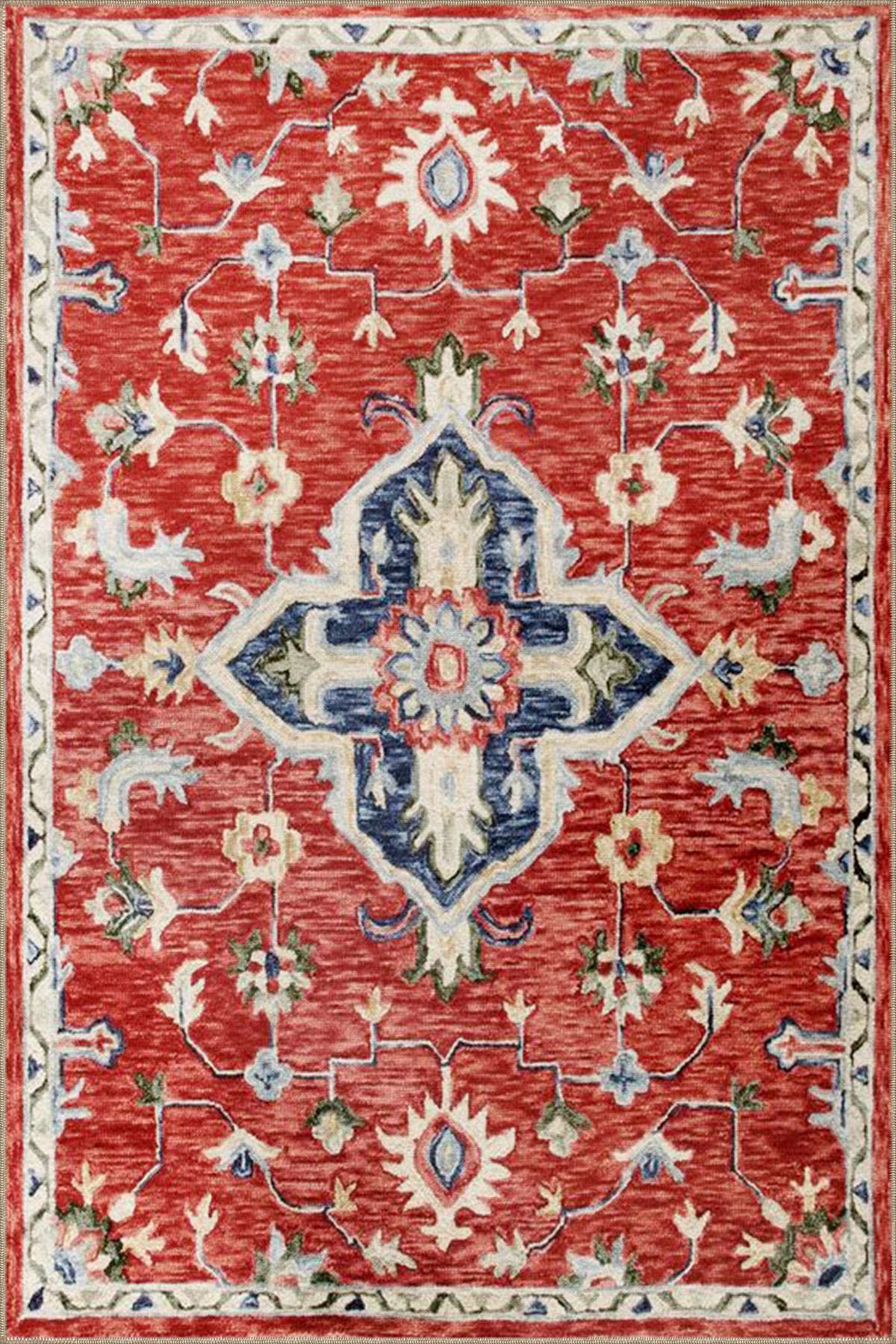 Kırmızı Geometrik Gelenksel Desenli Dokuma Taban miravip642