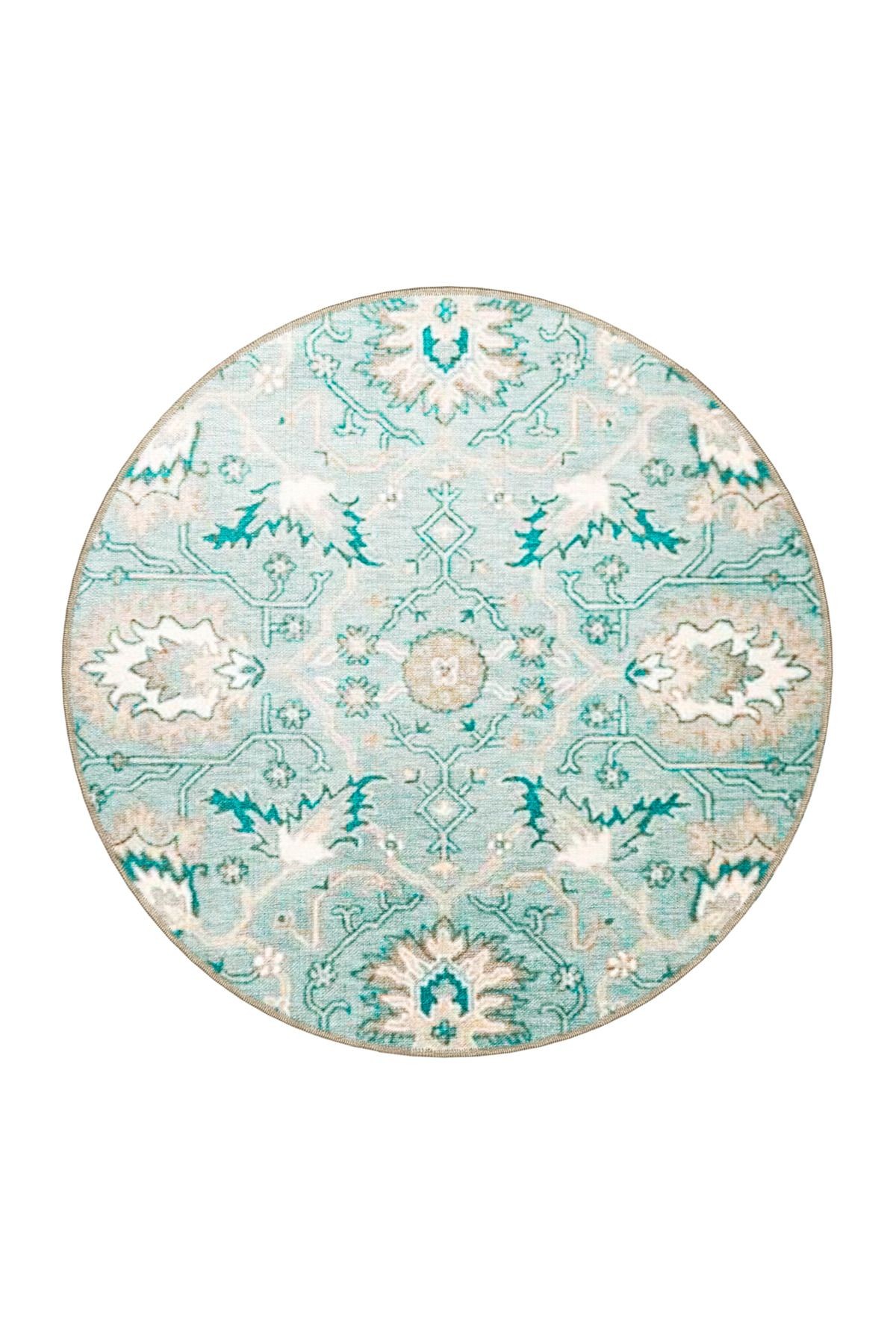 Açık Mavi Temalı Motifli Etnik Çiçek Desenli Saçaklı Vintage Dekoratif Halı 3181