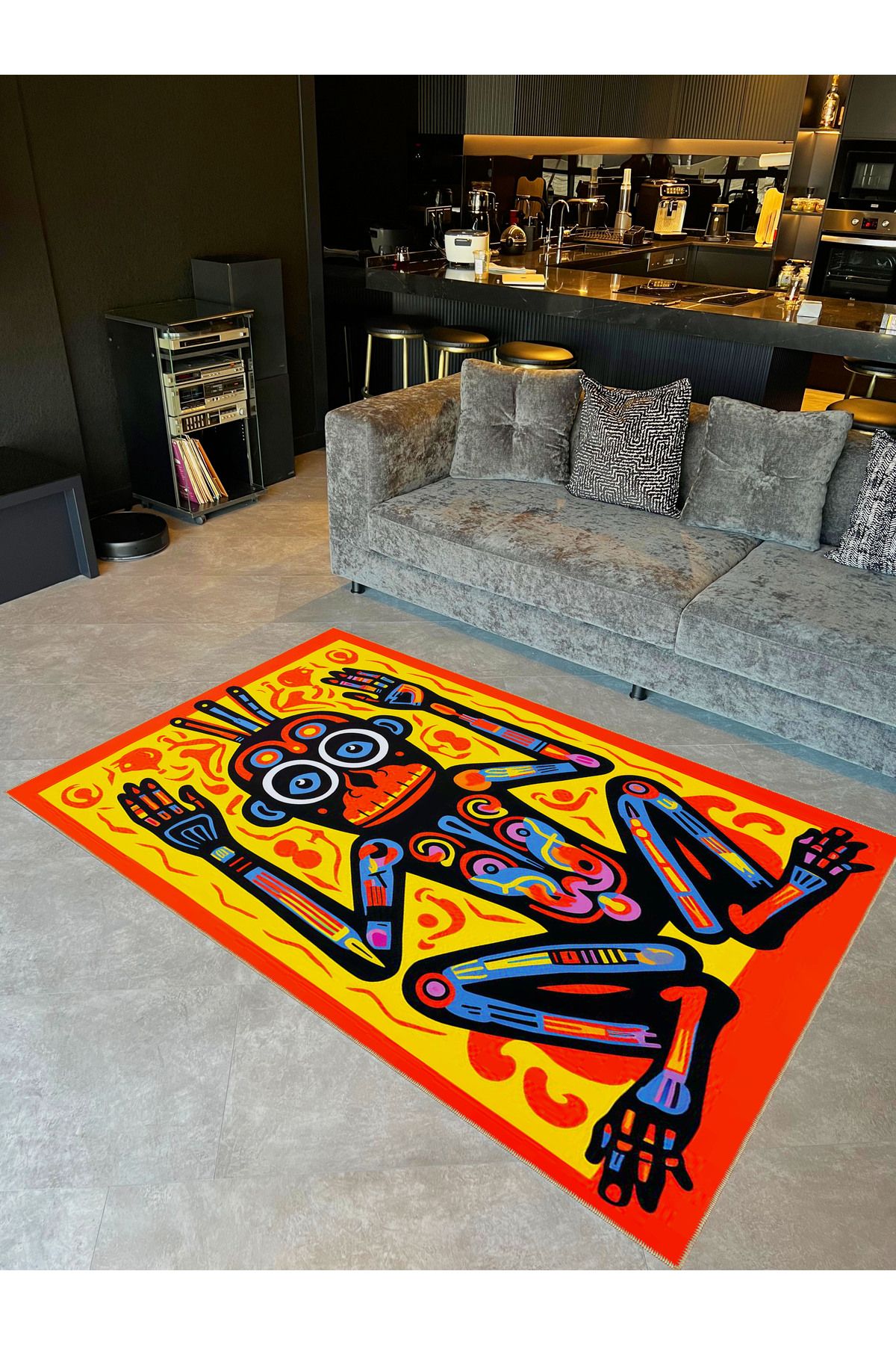 Emre Koleksiyonu Çok Renkli Soyut Çizgi Detaylı Maymun Desenli Dokuma Taban Modern Dekoratif Halı 36